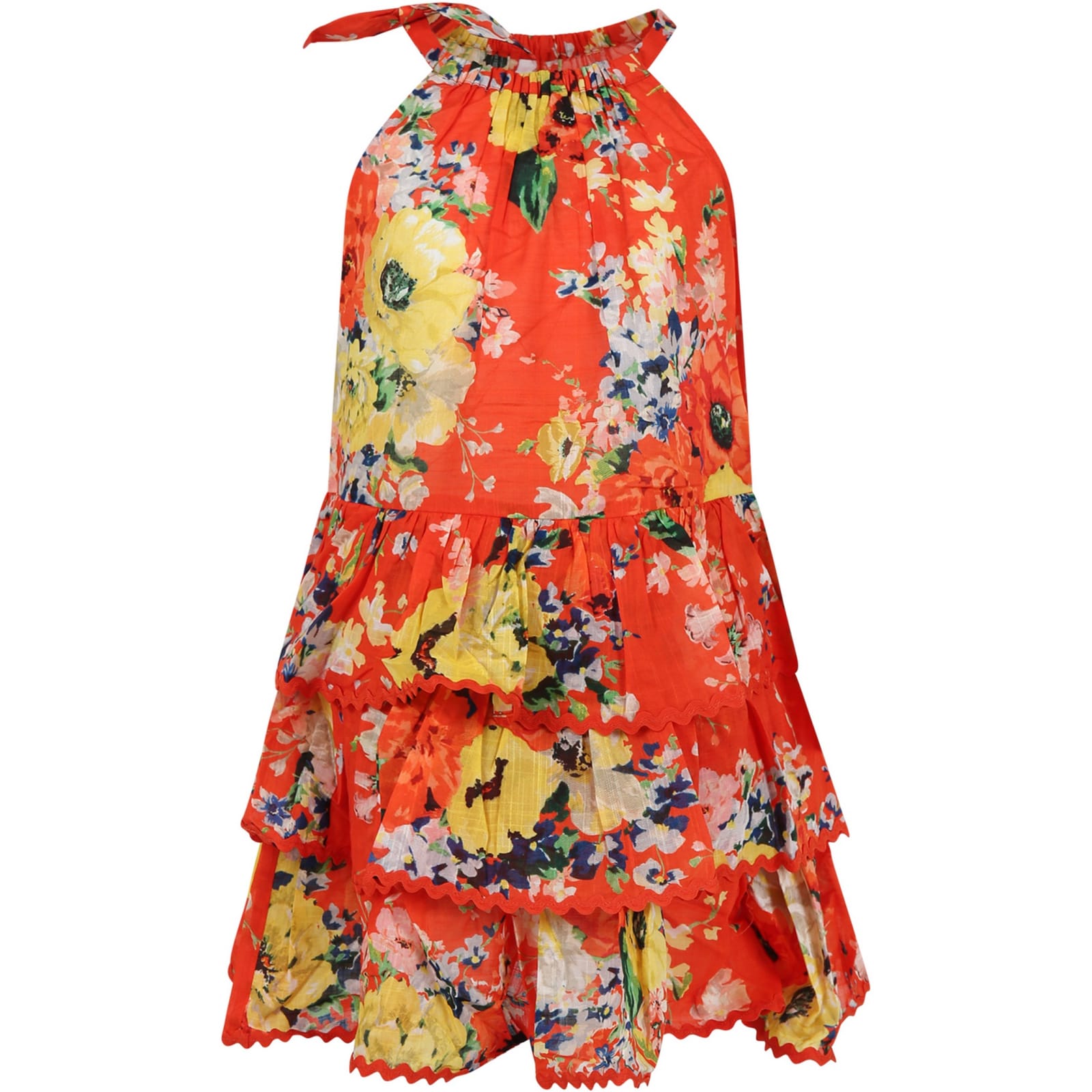 Zimmermann Kids' Red Dress For Girl With Floral Print