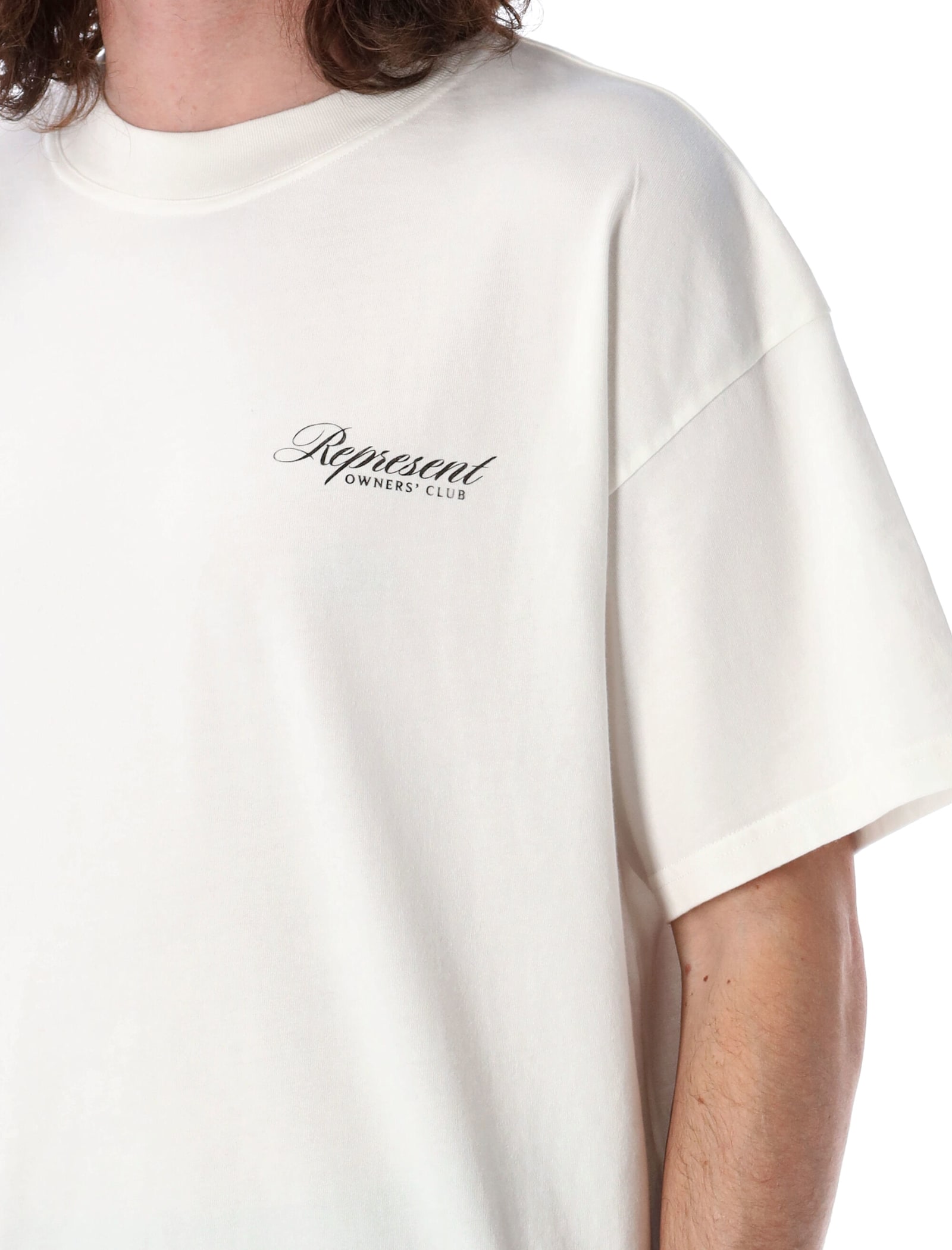 Represent White Crewneck T-shirt With With Front And Back Owners Club Print In Flat White