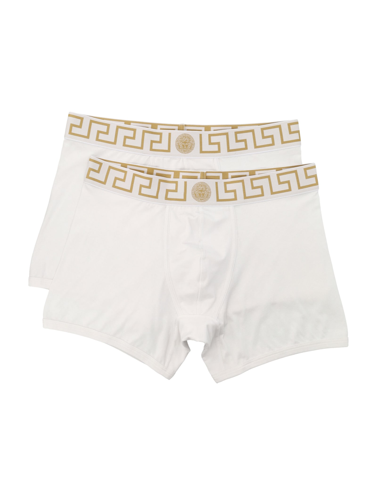 Versace Two-pack White Greca Border Boxer Briefs In Black Silver Gold