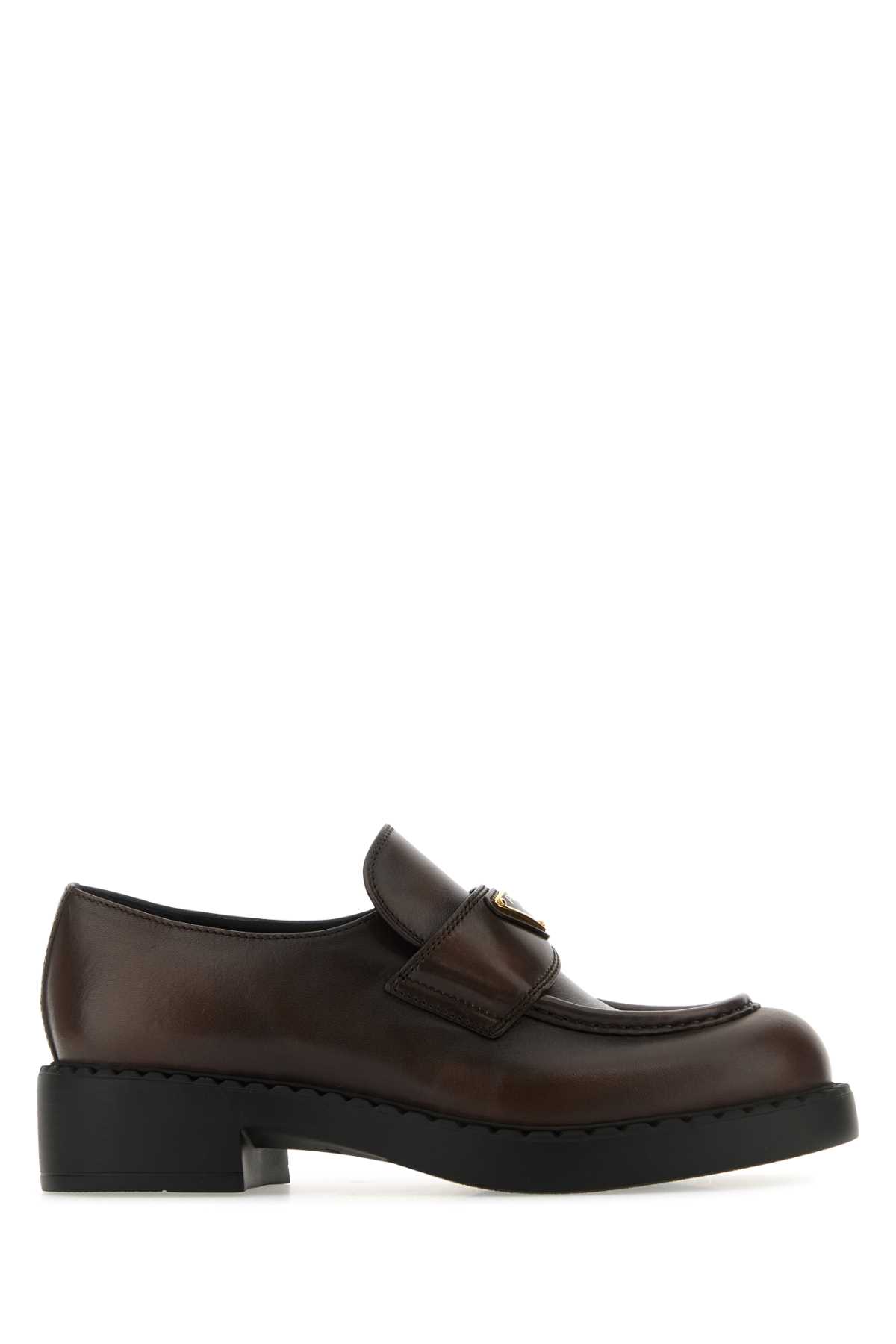 Shop Prada Dark Brown Leather Loafers In Moro