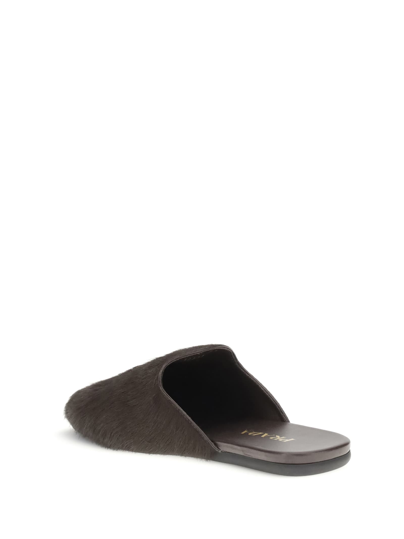 Prada Fur Leather Mules In Brown