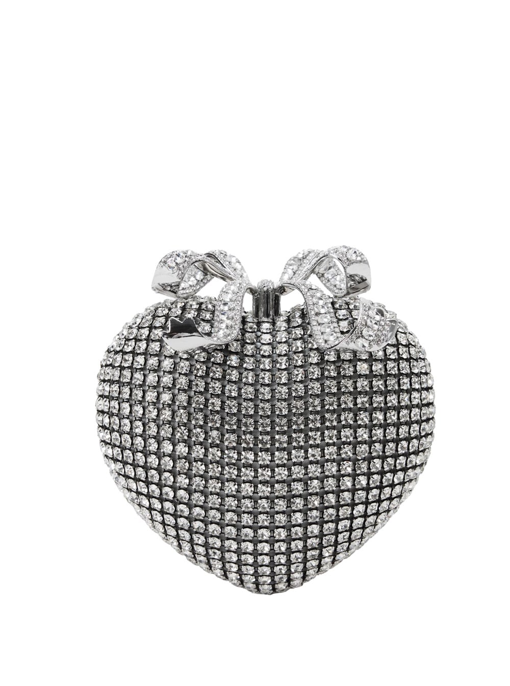 SELF-PORTRAIT HEART SILVER CLUTCH WITH BOW ON THE FRONT AND ALL-OVER CRYSTAL DECORATIONS IN TECH FABRIC WOMAN 