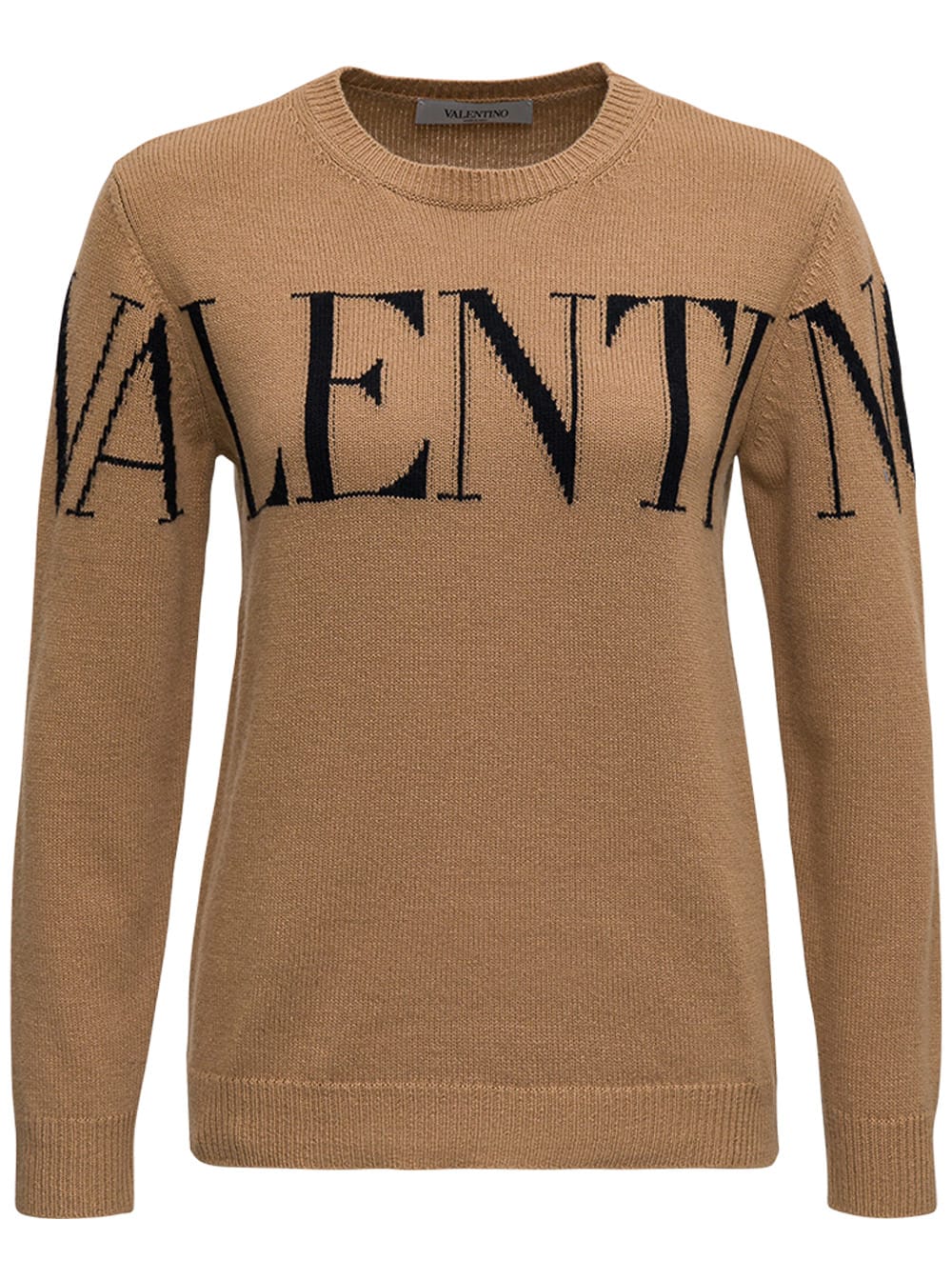 Valentino Camel-colored Wool And Cashmere Sweater With Logo