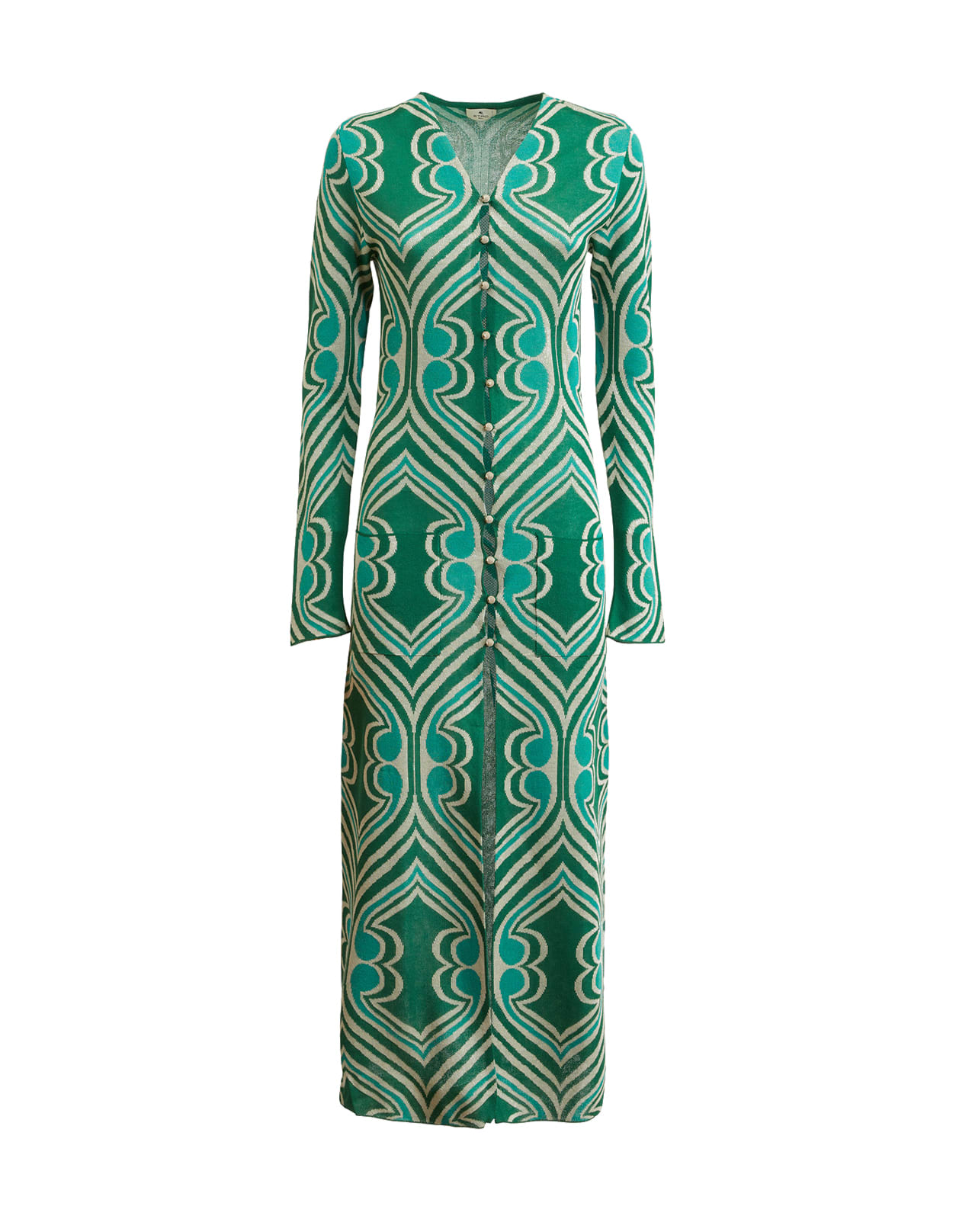 Etro Woman Long Cardigan In Green Jacquard Knit