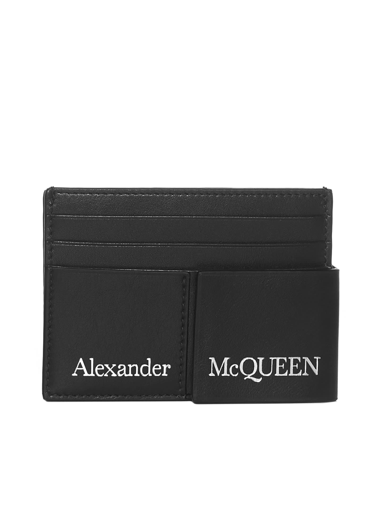 Alexander McQueen Double Card Holder In Black Leather With Logo