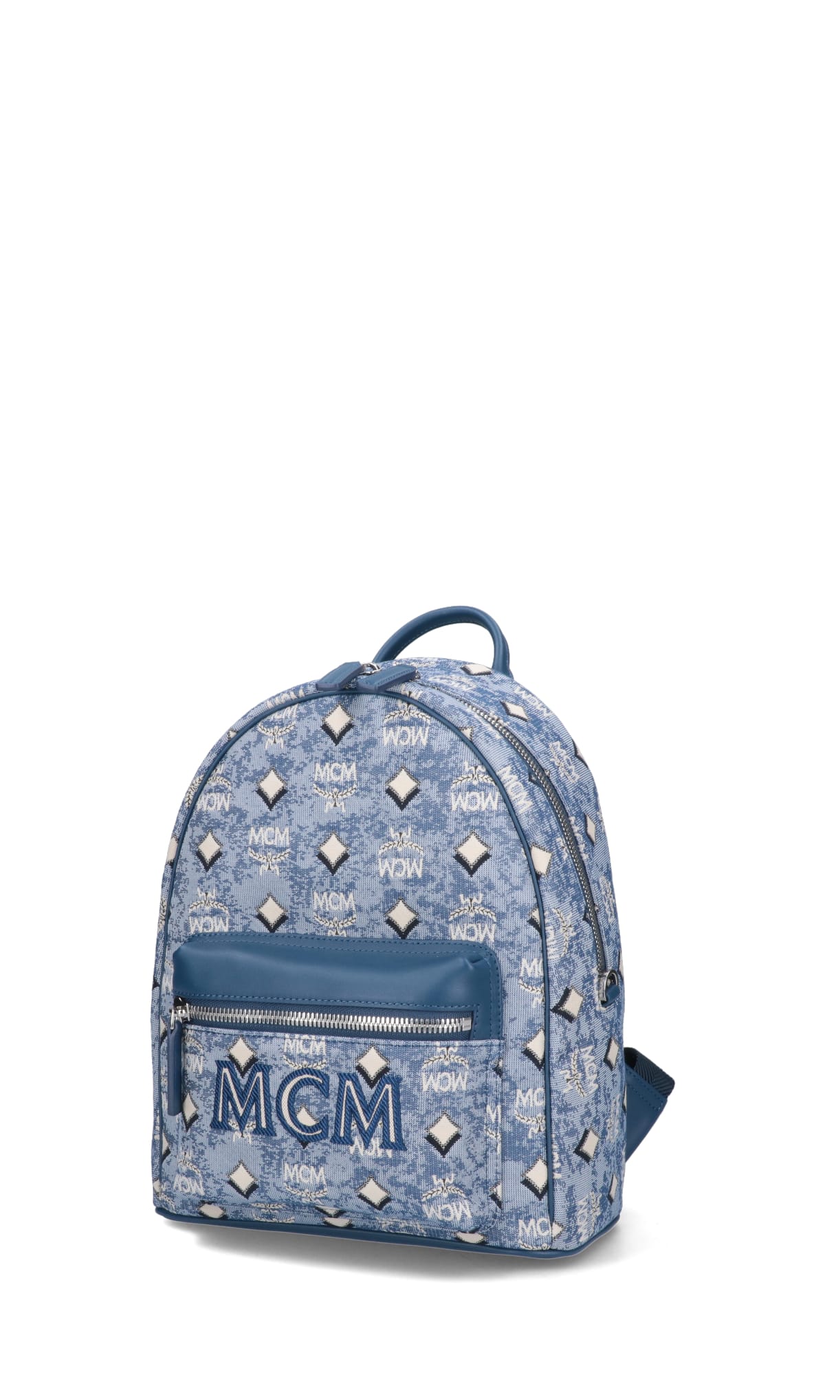 MCM Stark Small Blue Vintage Jacquard Monogram Logo Fabric Backpack Bookbag