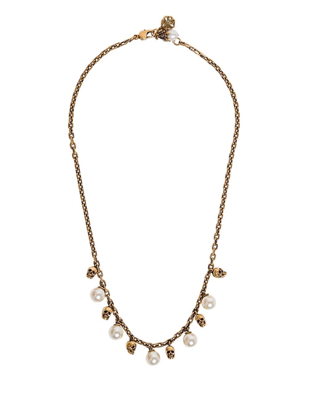 Alexander McQueen Skull Necklace In Antique Brass With Pearls