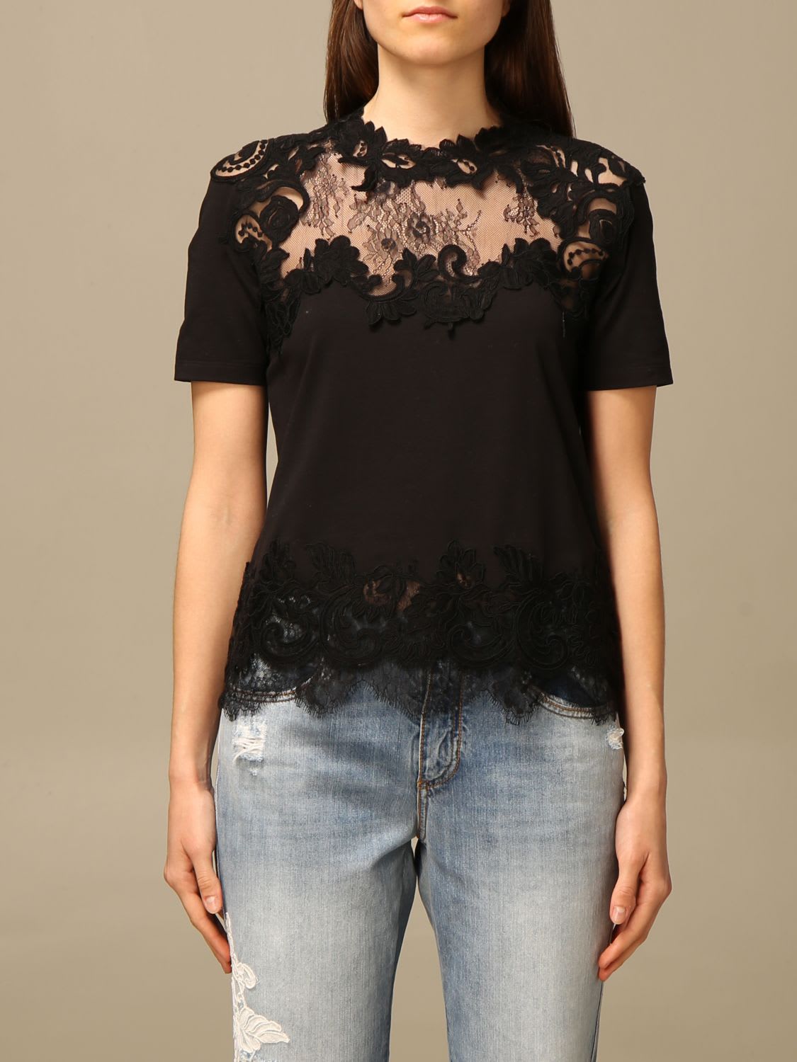 Ermanno Scervino Cotton Sweater With Floral Embroidery In Black