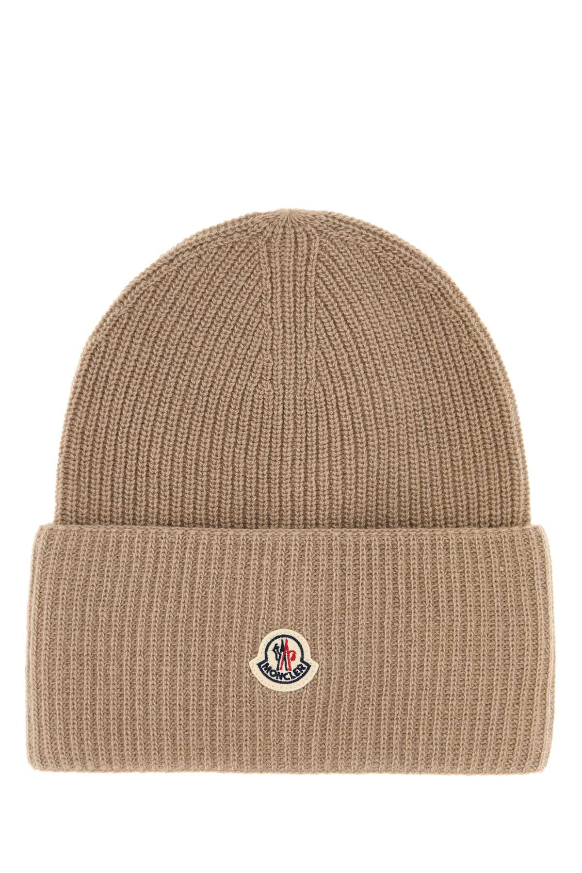 Moncler Camel Wool Beanie Hat In Brown