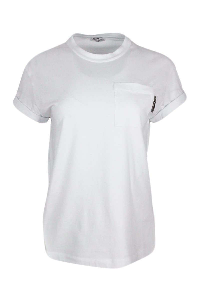 Brunello Cucinelli Short-sleeved Oversized T-shirt In Stretch Cotton With Crew Neck And Pocket With Jewel In White