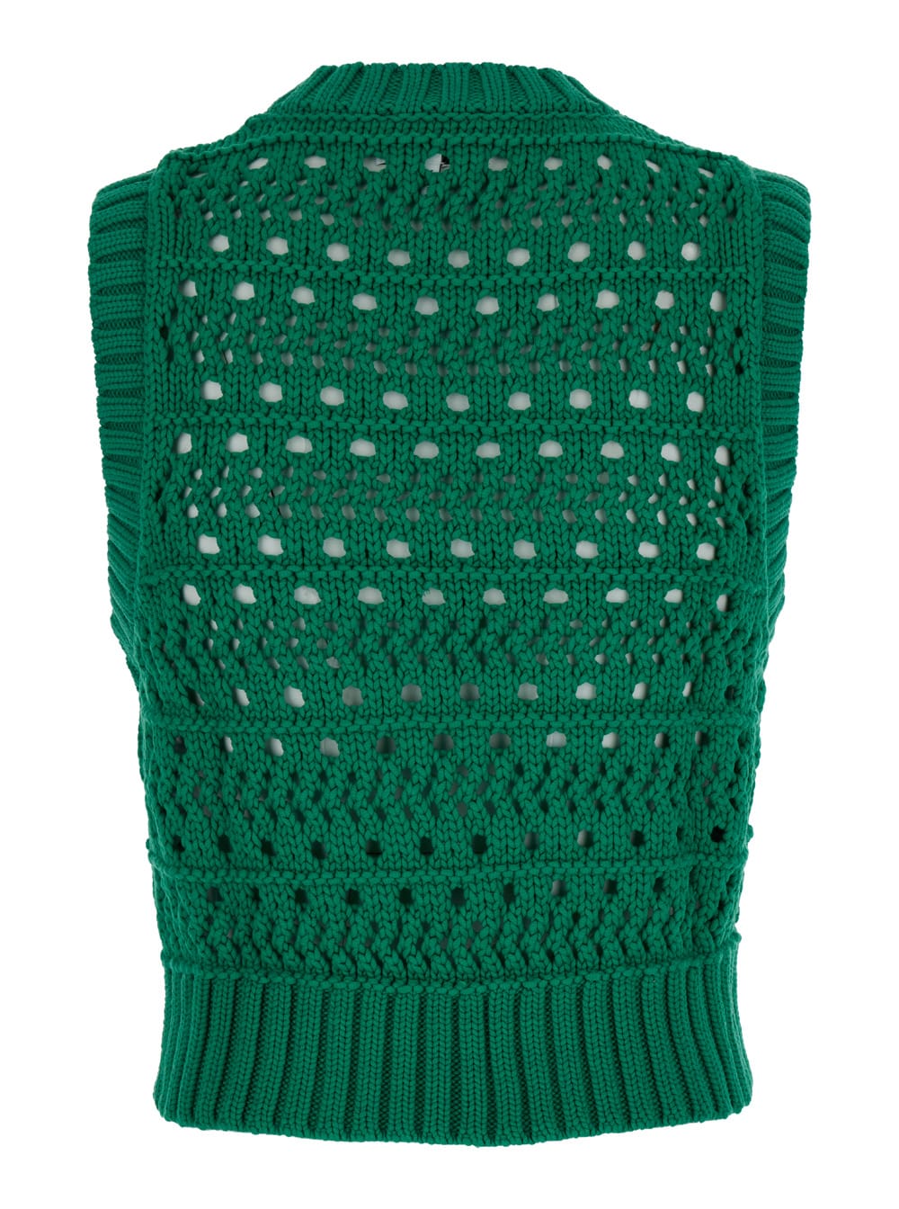 Shop Ganni Green Crochet Vest With Logo In Cotton Woman