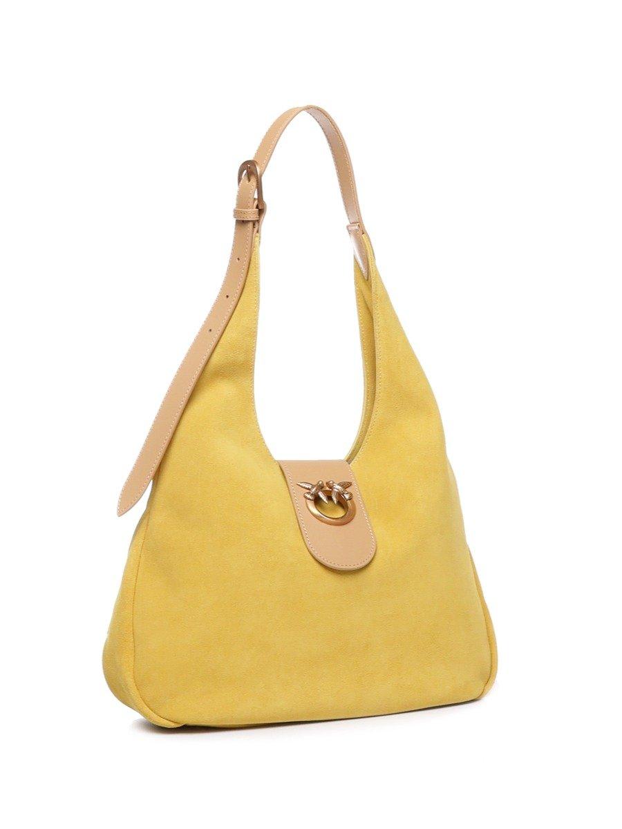 Shop Pinko Love Birds Foldover Top Shoulder Bag In Giallo Sole-antique Gold
