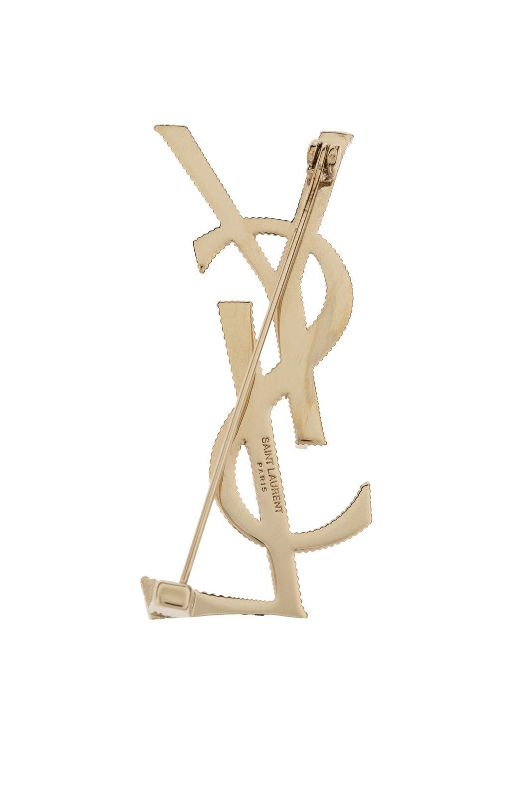 Shop Saint Laurent Cassandre Logo Engraved Brooch In Oro