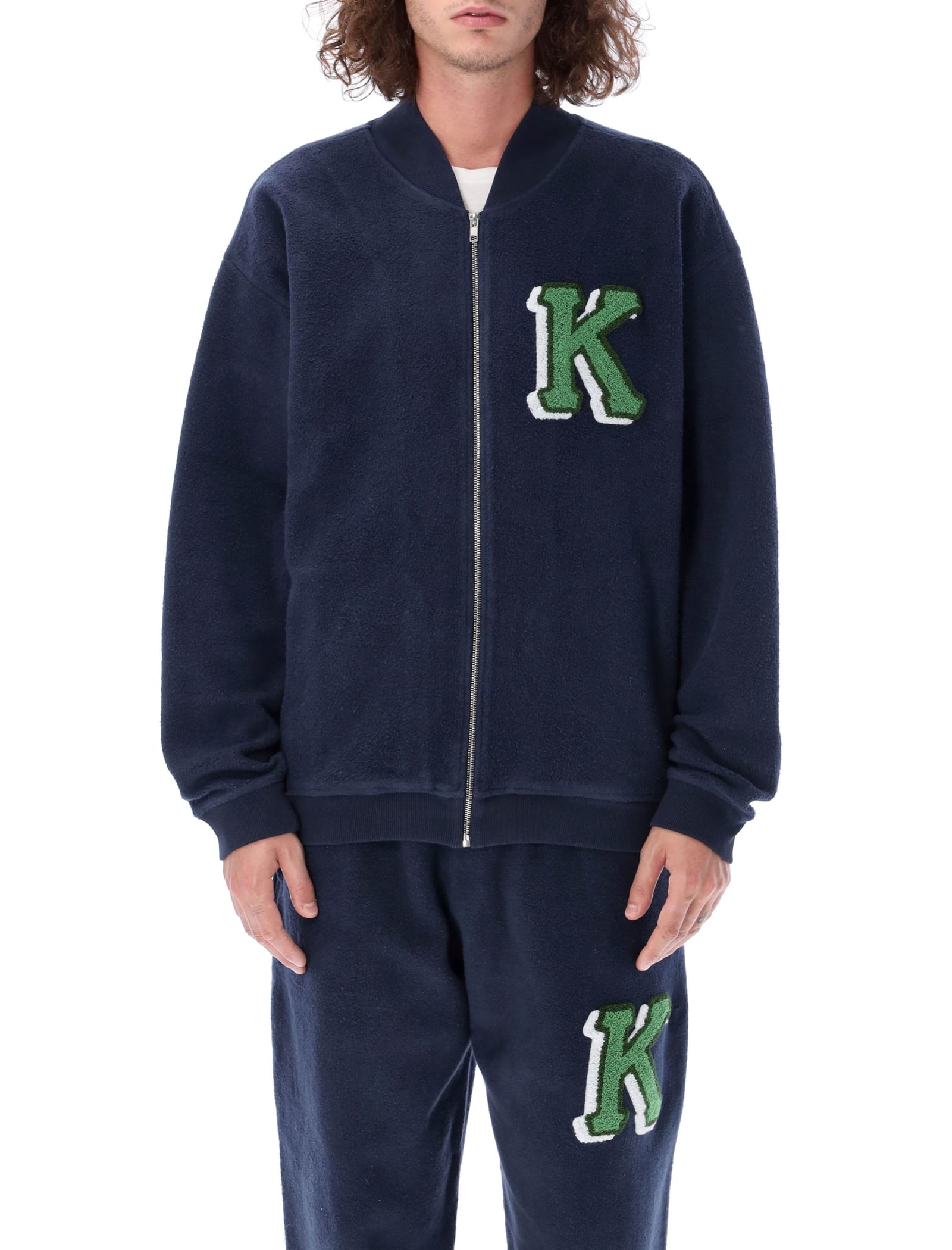 Kenzo Varsity Logo Patch Cotton Fleece Bomber Jacket In Blue