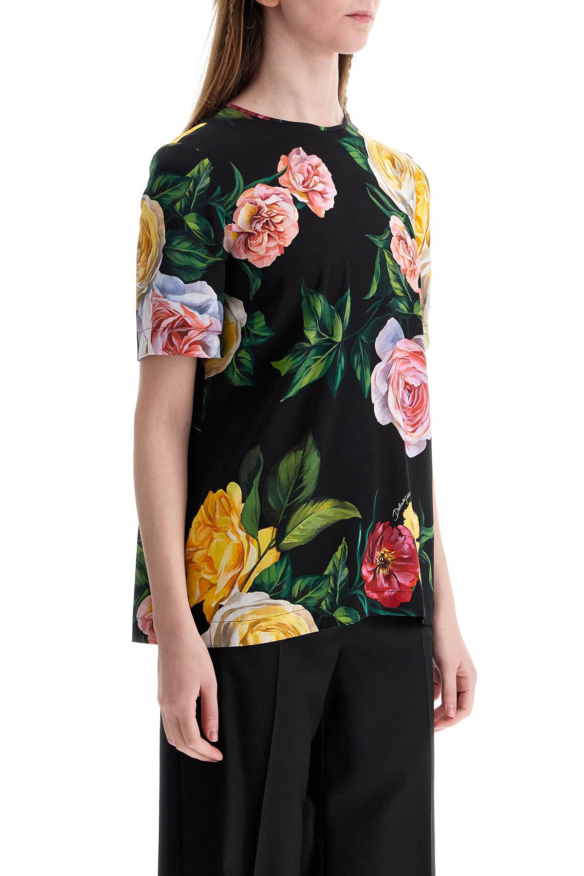 Shop Dolce & Gabbana Black Silk T-shirt With Floral Print In Peonie/rose F.nero (black)
