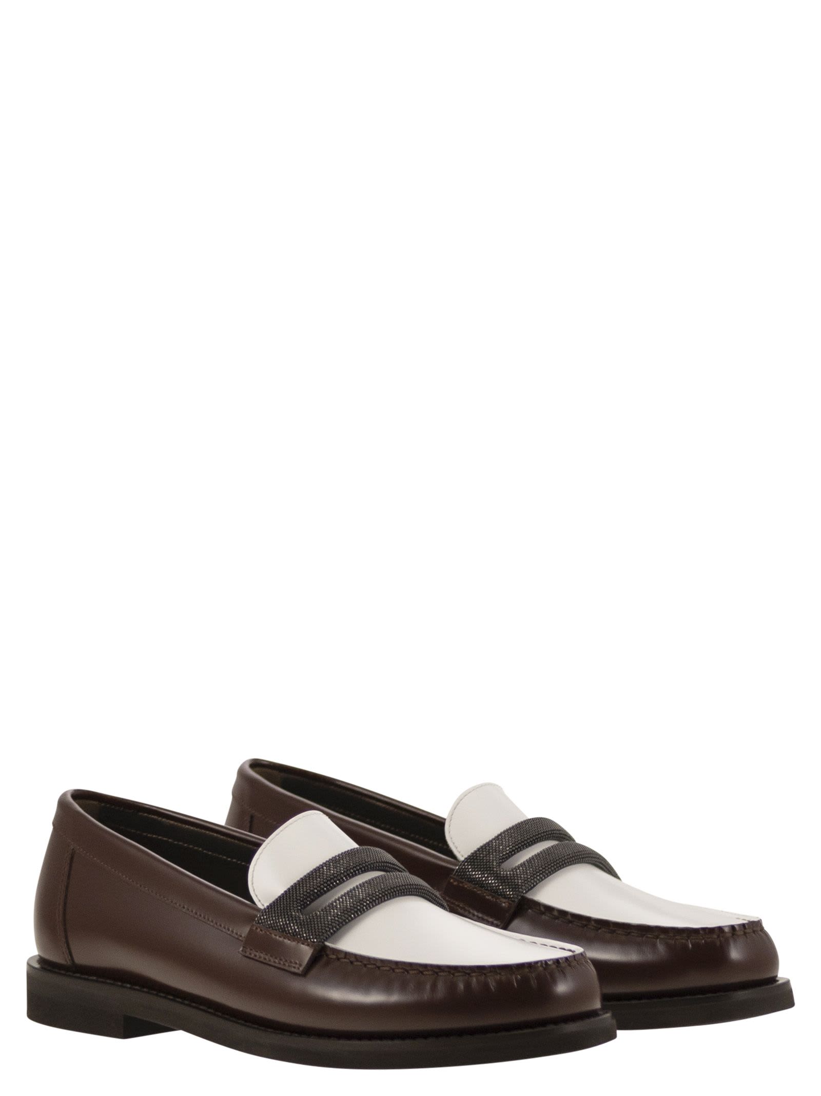 Brunello Cucinelli Brown Loafers With Monile Detail And Chain In Leather Woman In Castagno