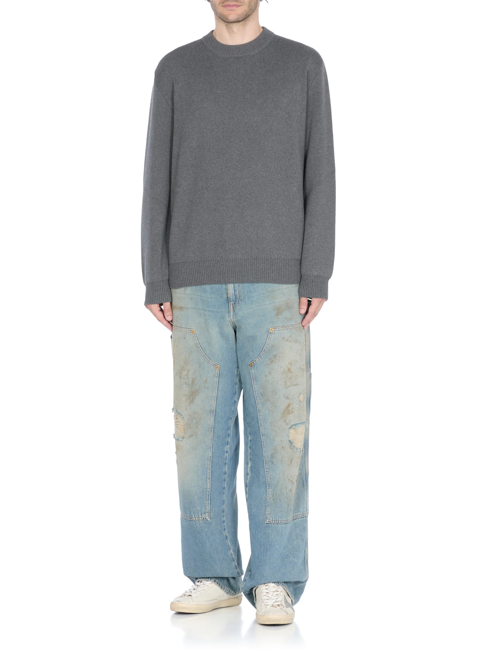Golden Goose Grey Crewneck Sweater With Maxi Logo Lettering On The Rear In Gray