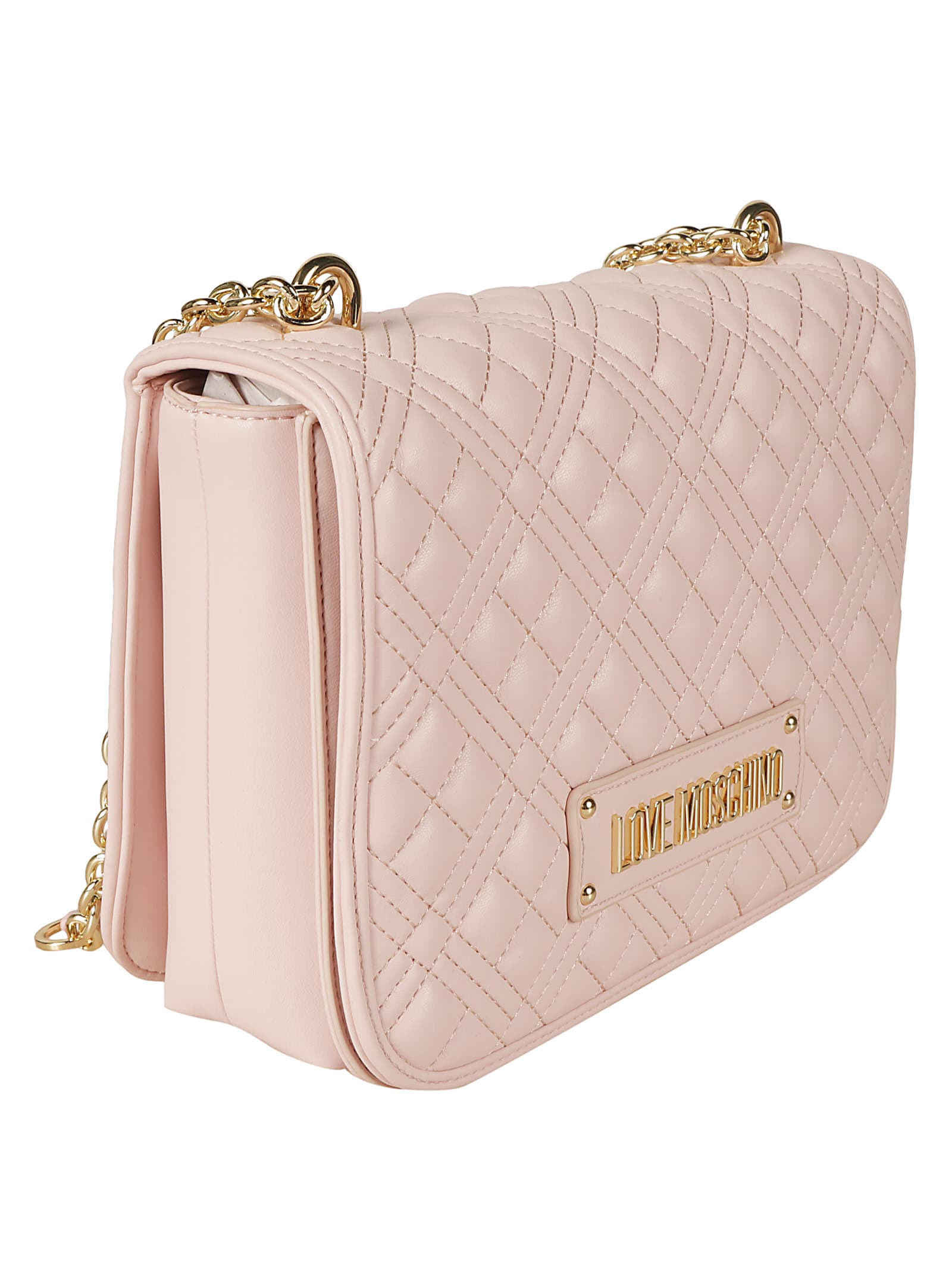 Shop Love Moschino Logo Embossed Quilted Chain Shoulder Bag In Cipria