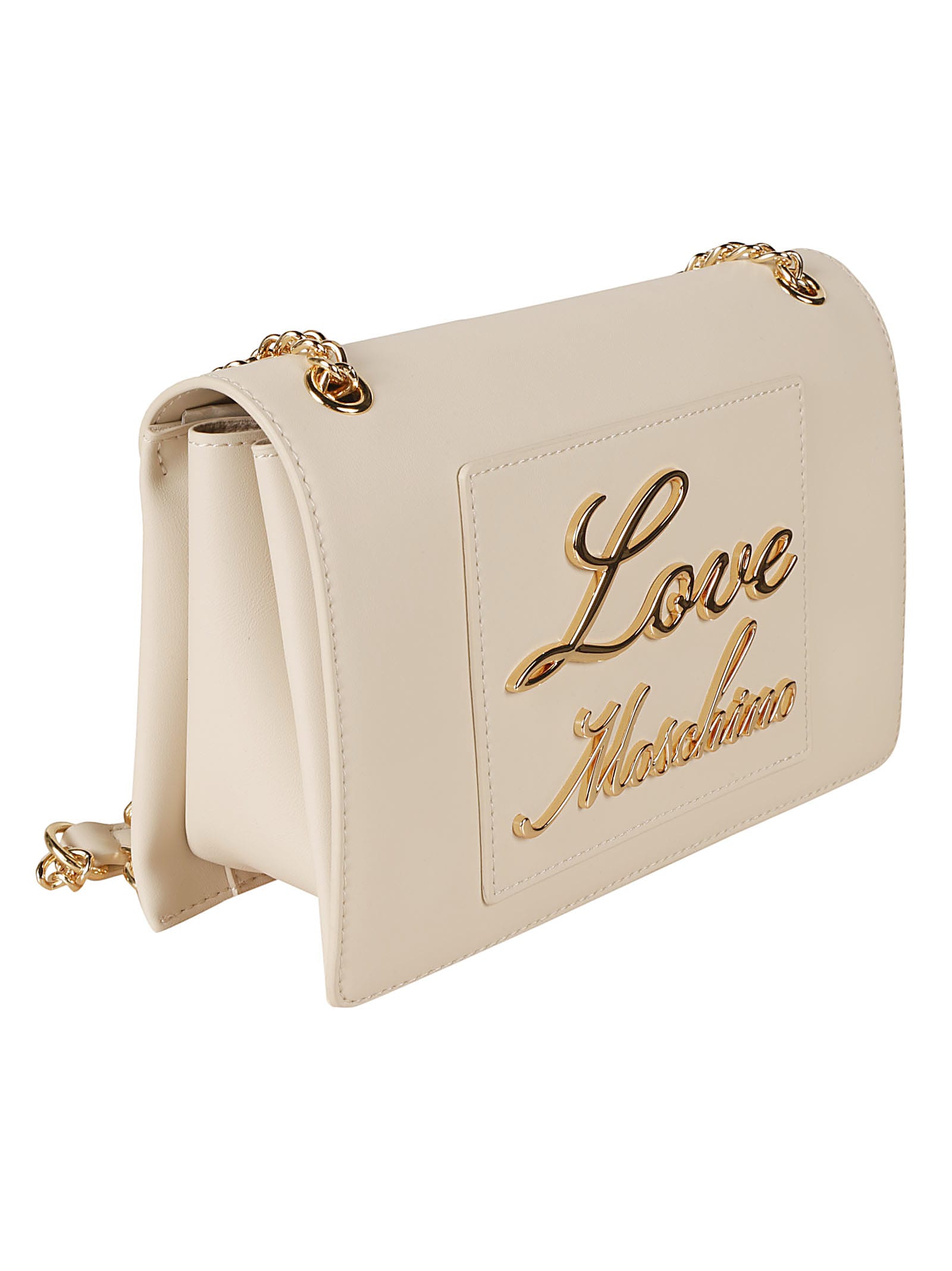 Shop Love Moschino Logo Plaque Embossed Chain Shoulder Bag In Avorio
