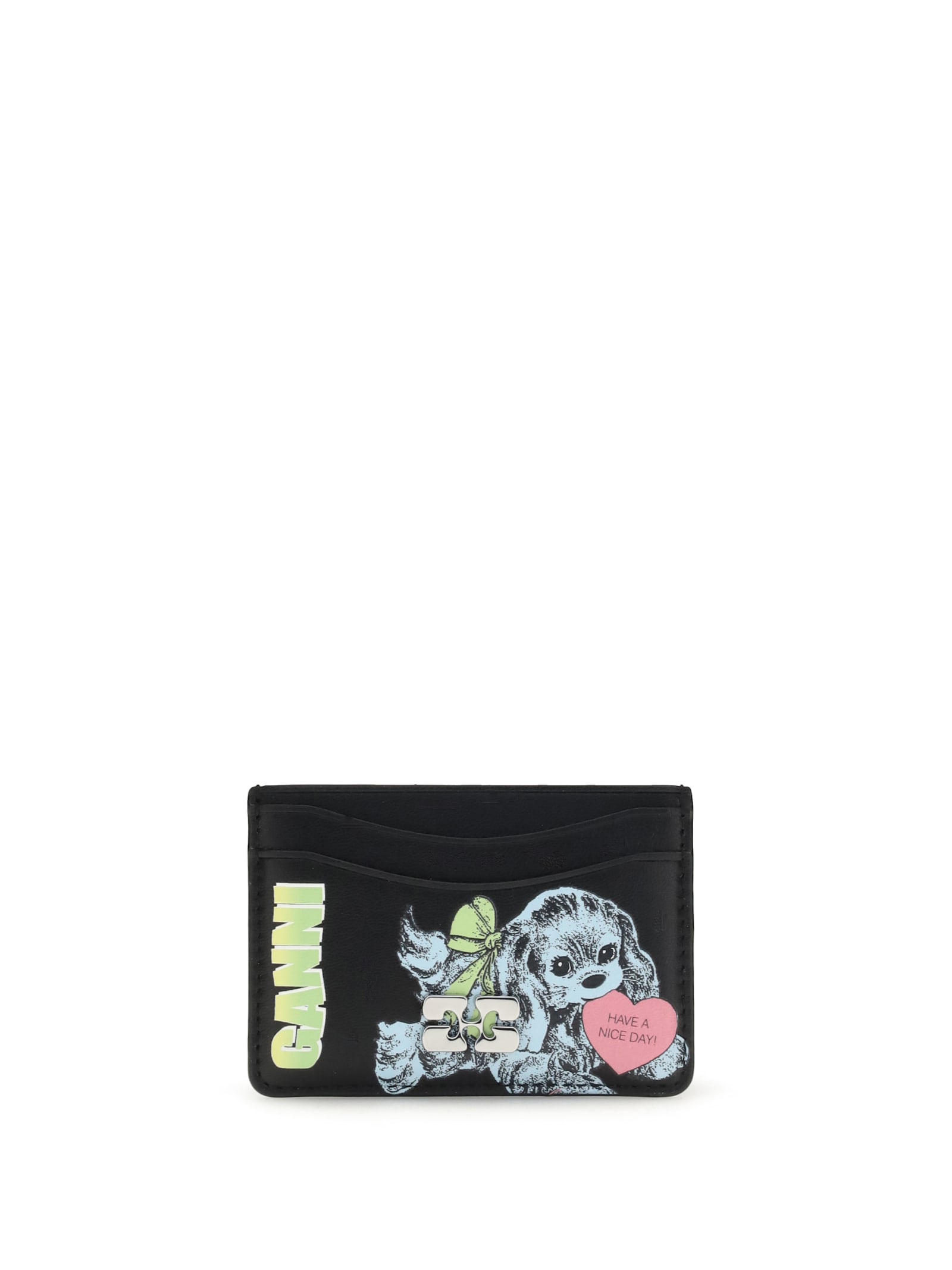 Ganni Black Card Holder With Graphic Print On The Front In Leather Blend Woman In Black