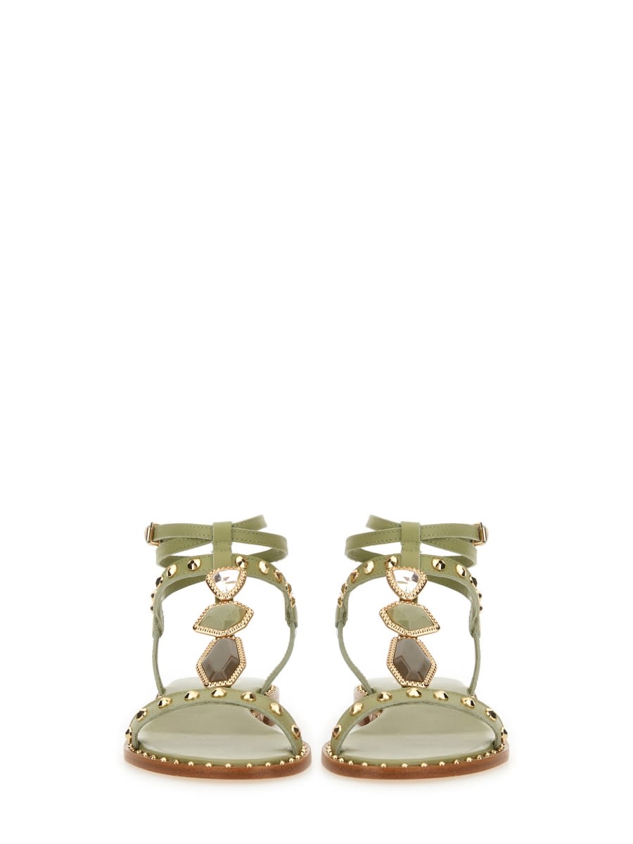 Ash Strappy Green Sandals With Gemstone Embellishments In Green