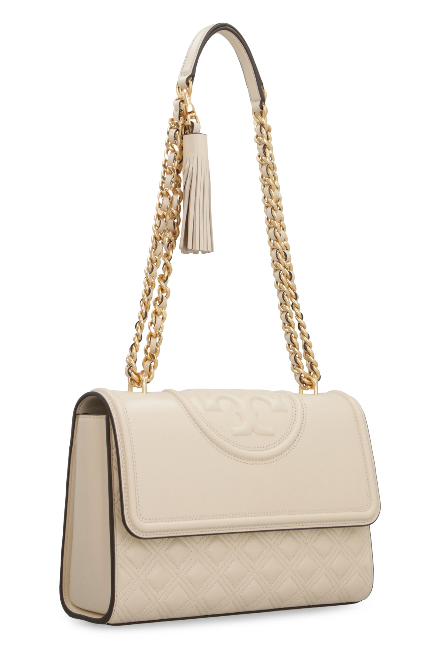 Shop Tory Burch Fleming Leather Shoulder Bag In Beige