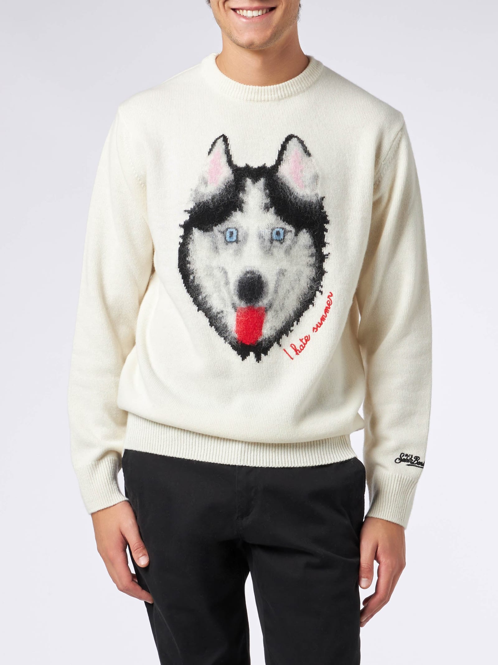 Mc2 Saint Barth Man Sweater With Wolf Print And I Hate Summer Embroidery