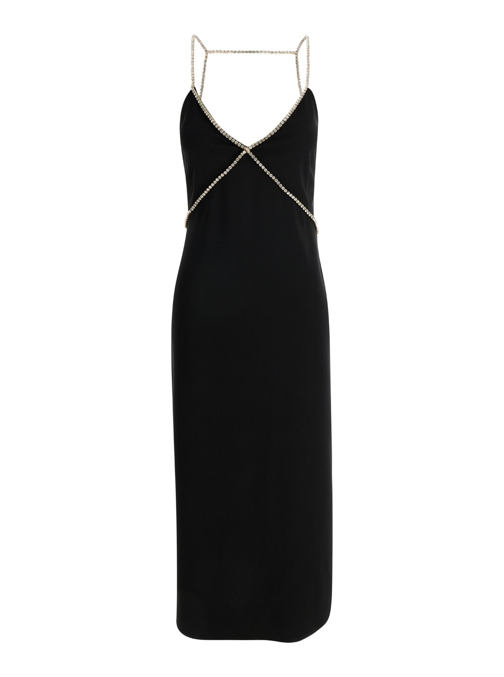 Shop Liu •jo Black Midi Dress With Rhinestone Straps In Crepe Fabric Woman Liu-jo
