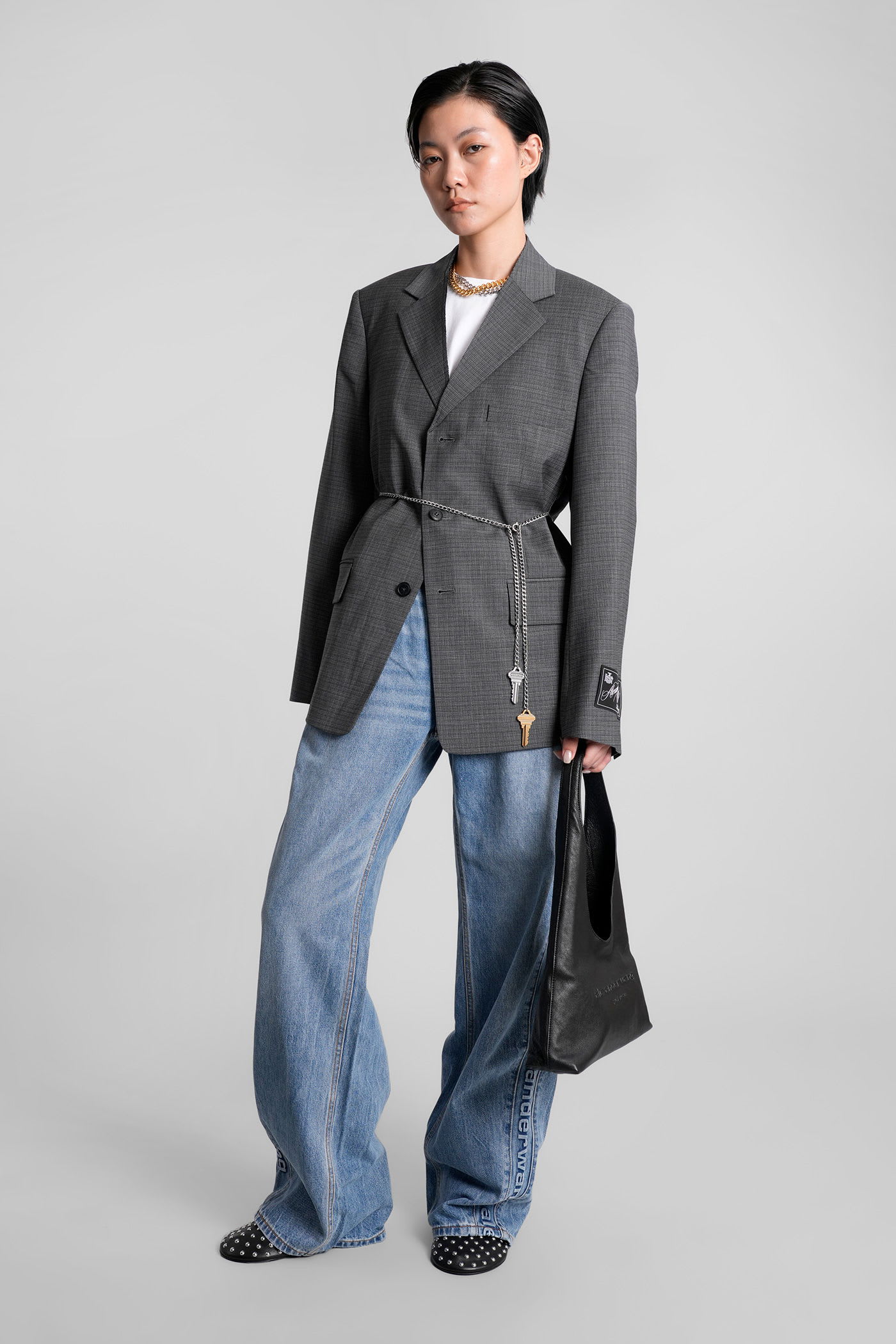 Alexander Wang Tailored Blazer With Chain Belt And Check Pattern In Gray