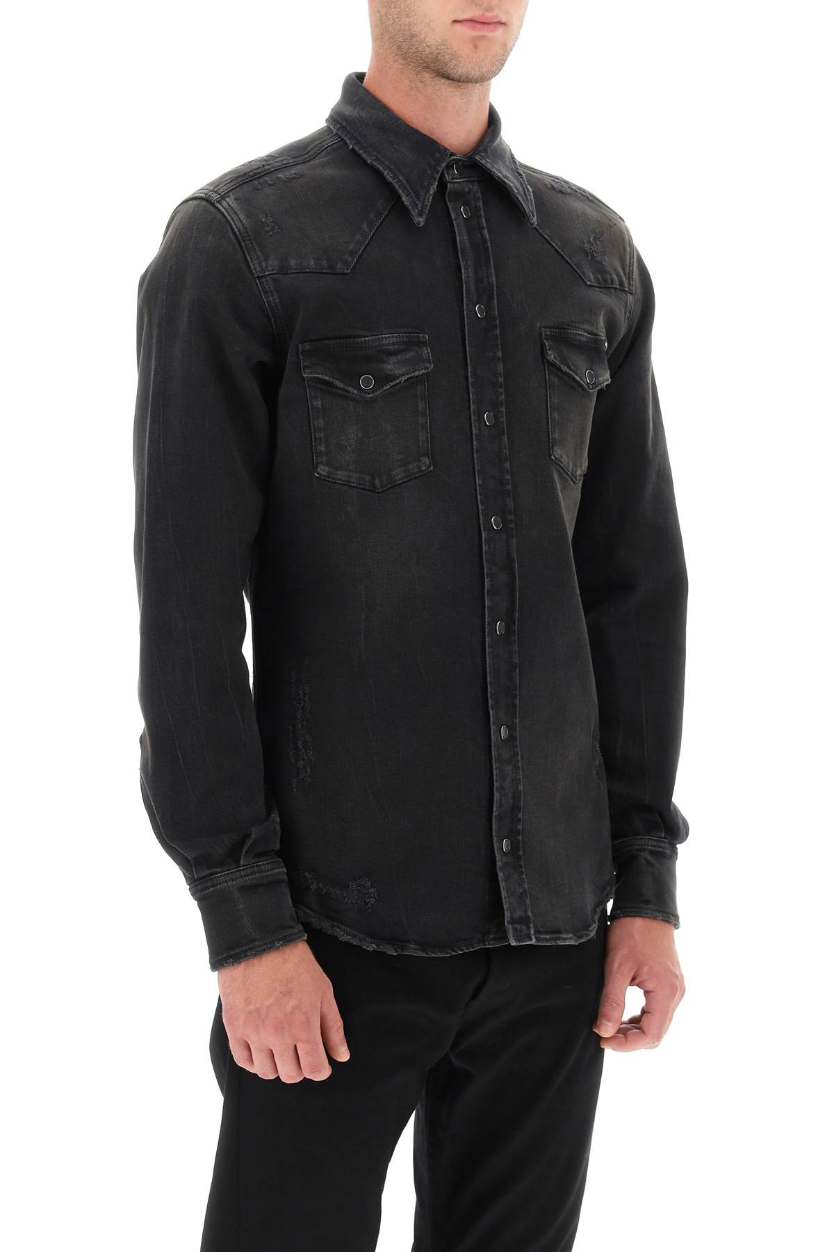 Shop Dolce & Gabbana Distressed Denim Western Shirt In Variante Abbinata (black)