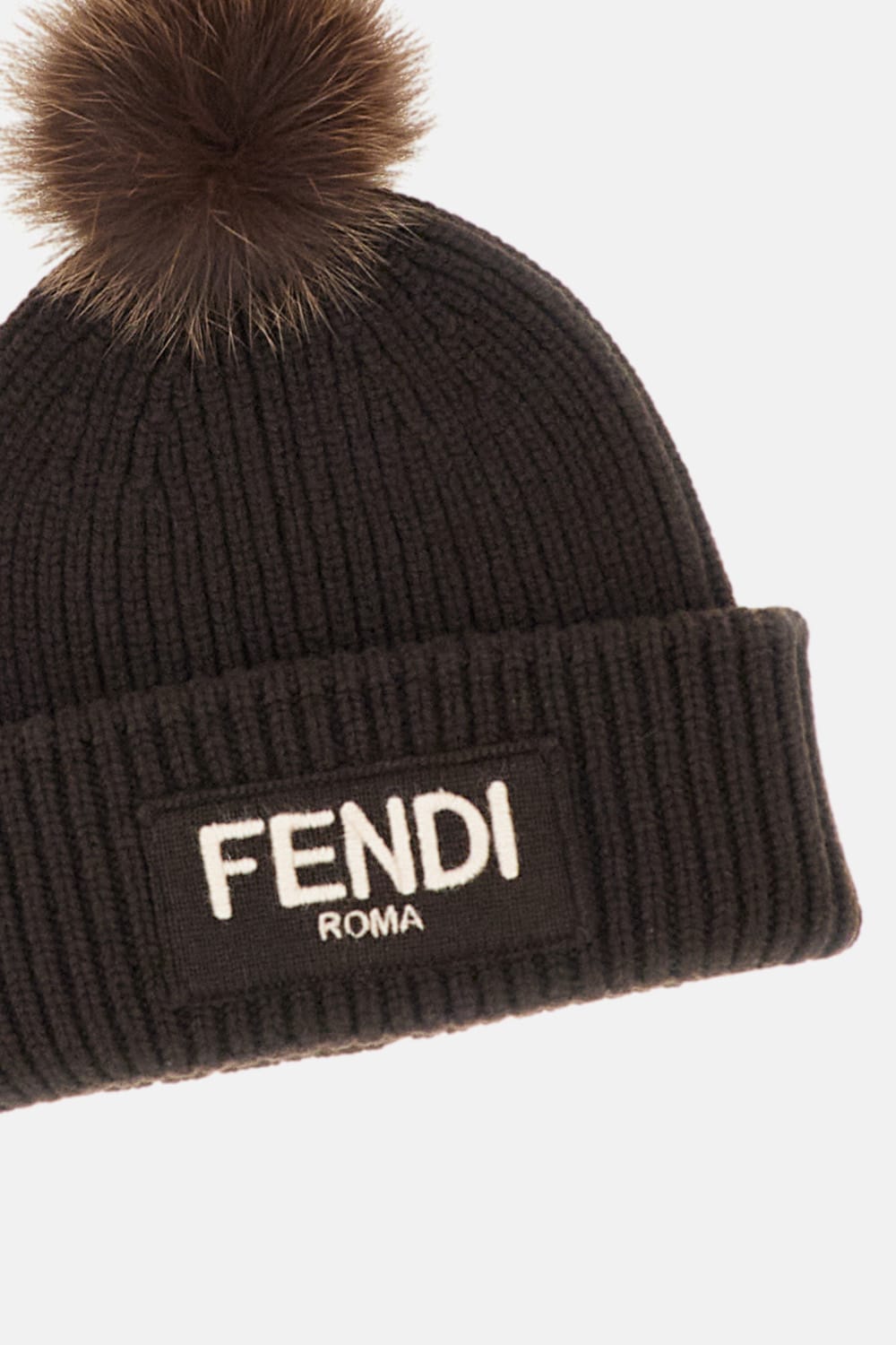 Fendi Brown Pompon Embroidered Logo Beanie Hat In Brown