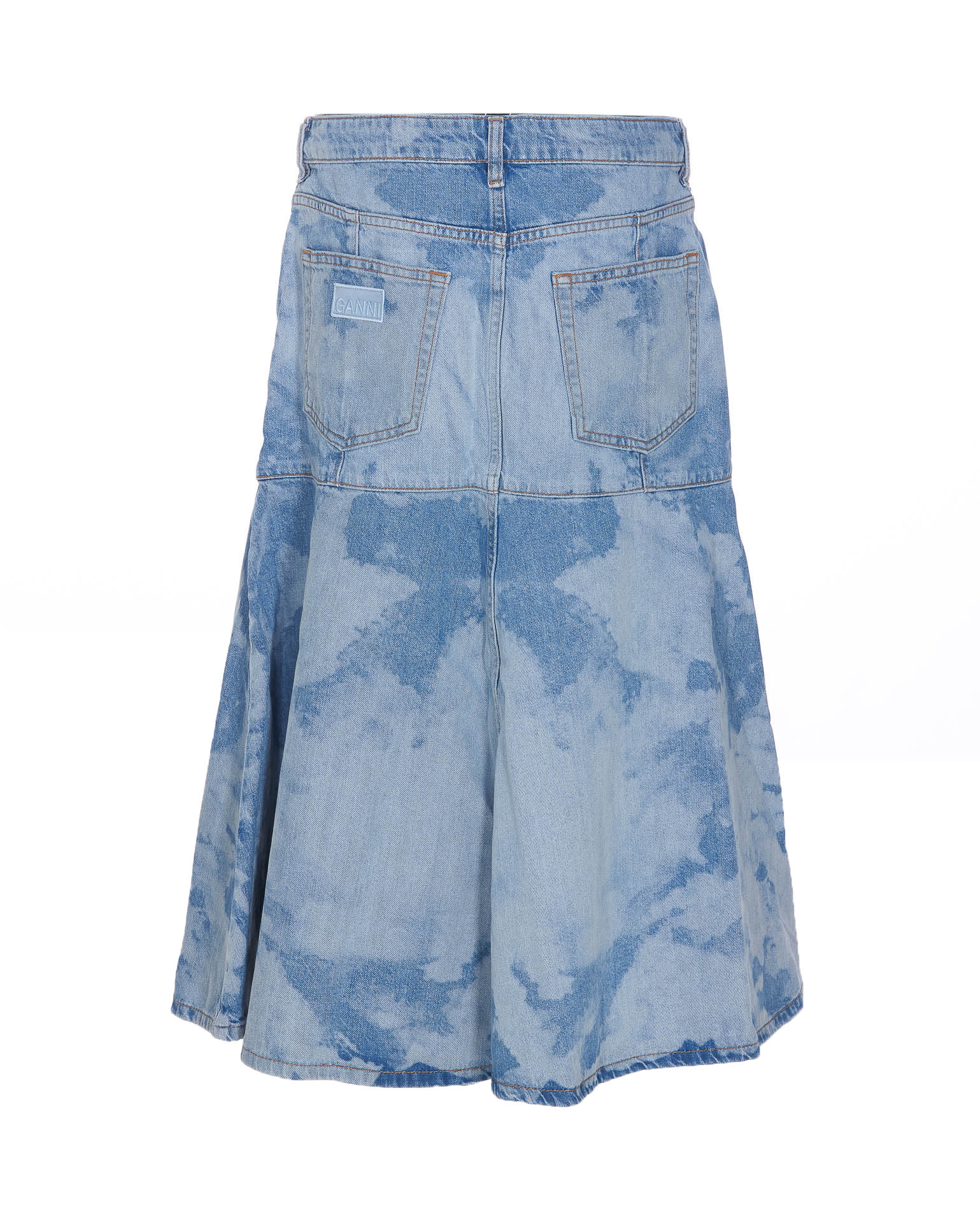 Shop Ganni Bleach Flounce Midi Denim Skirt In Blue