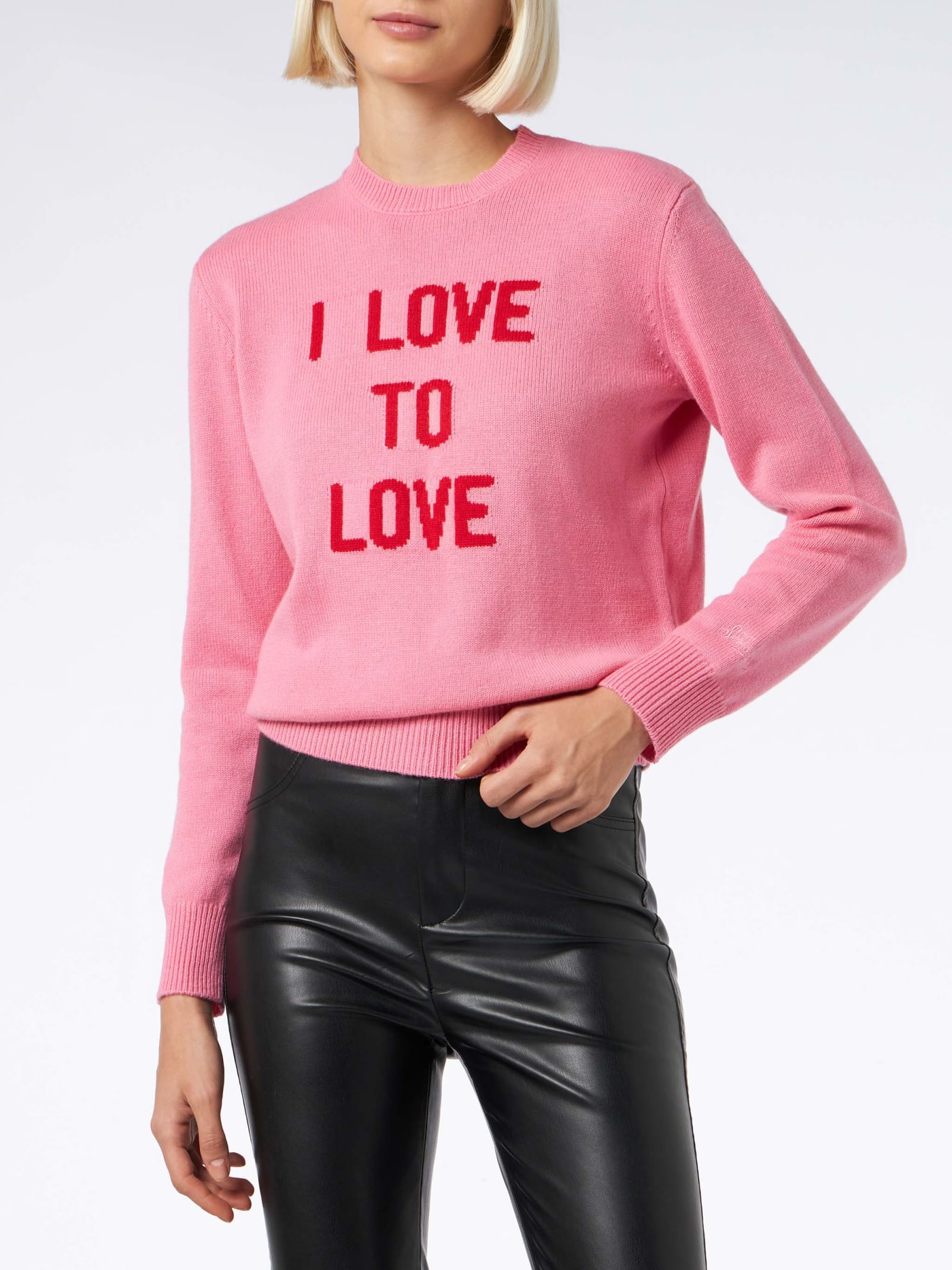 Shop Mc2 Saint Barth Woman Crewneck Pink Sweater I Love To Love Print Niki Dj Special Edition