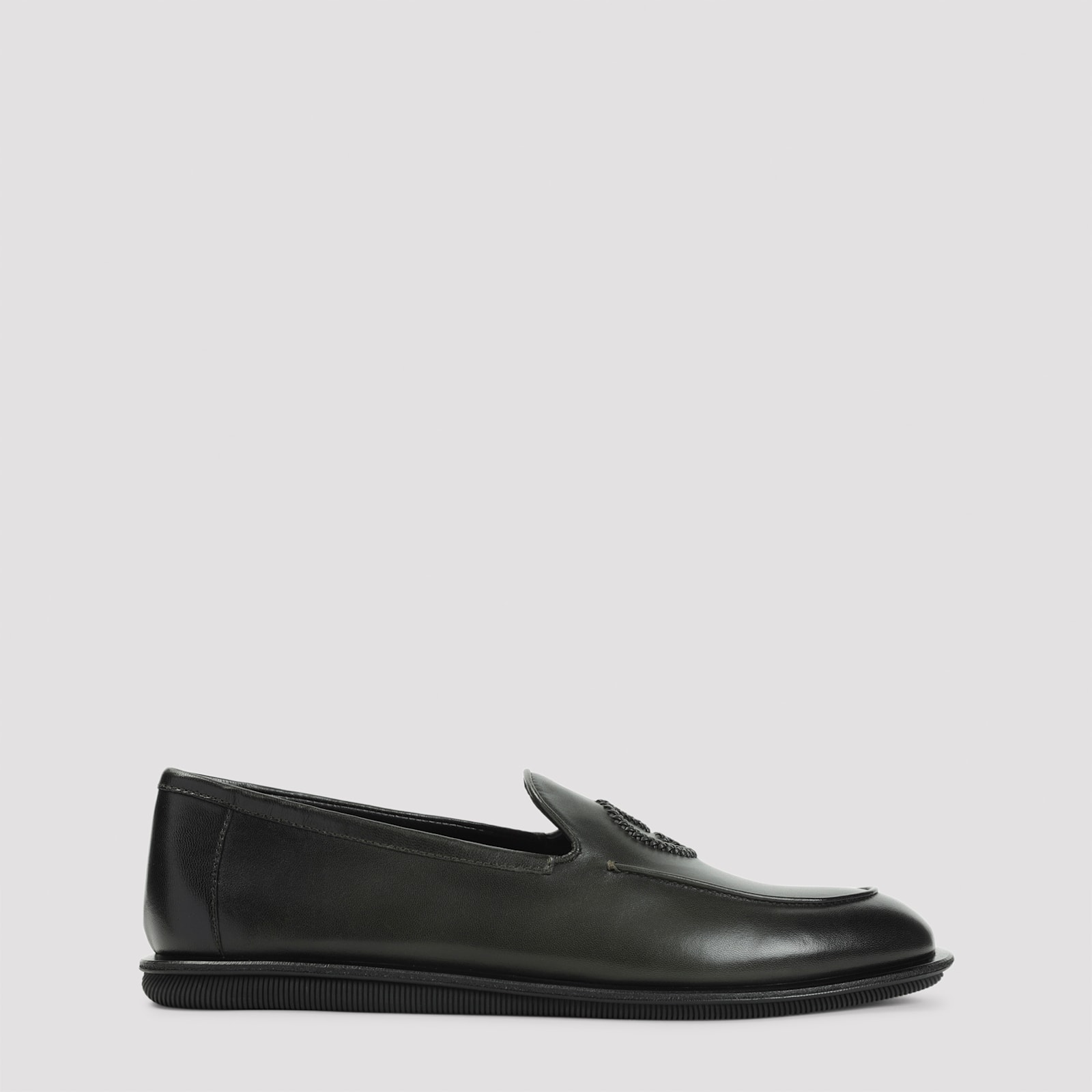 Giorgio Armani Official Store Vintage Nappa Leather Loafers With Embroidered Logo In Green