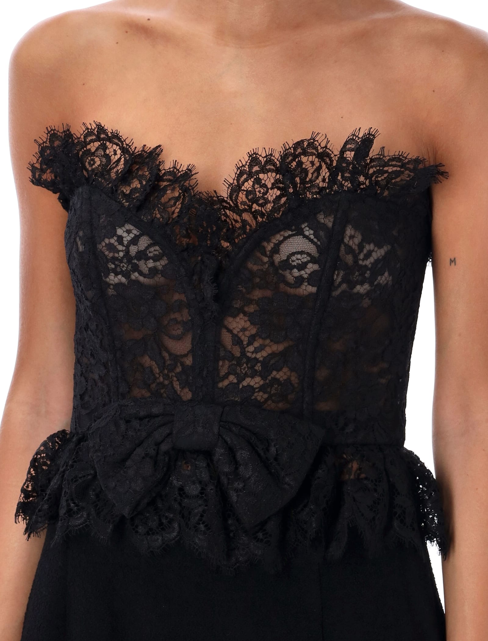 Alessandra Rich Strapless Bow-embellished Lace Bustier Top In Black