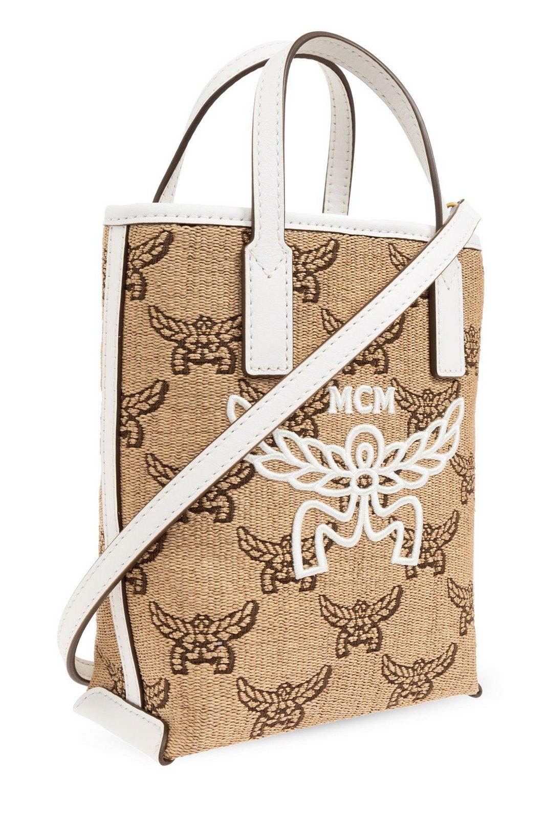 Mcm Monogrammed Logo Embroidered Tote Bag In Neutrals