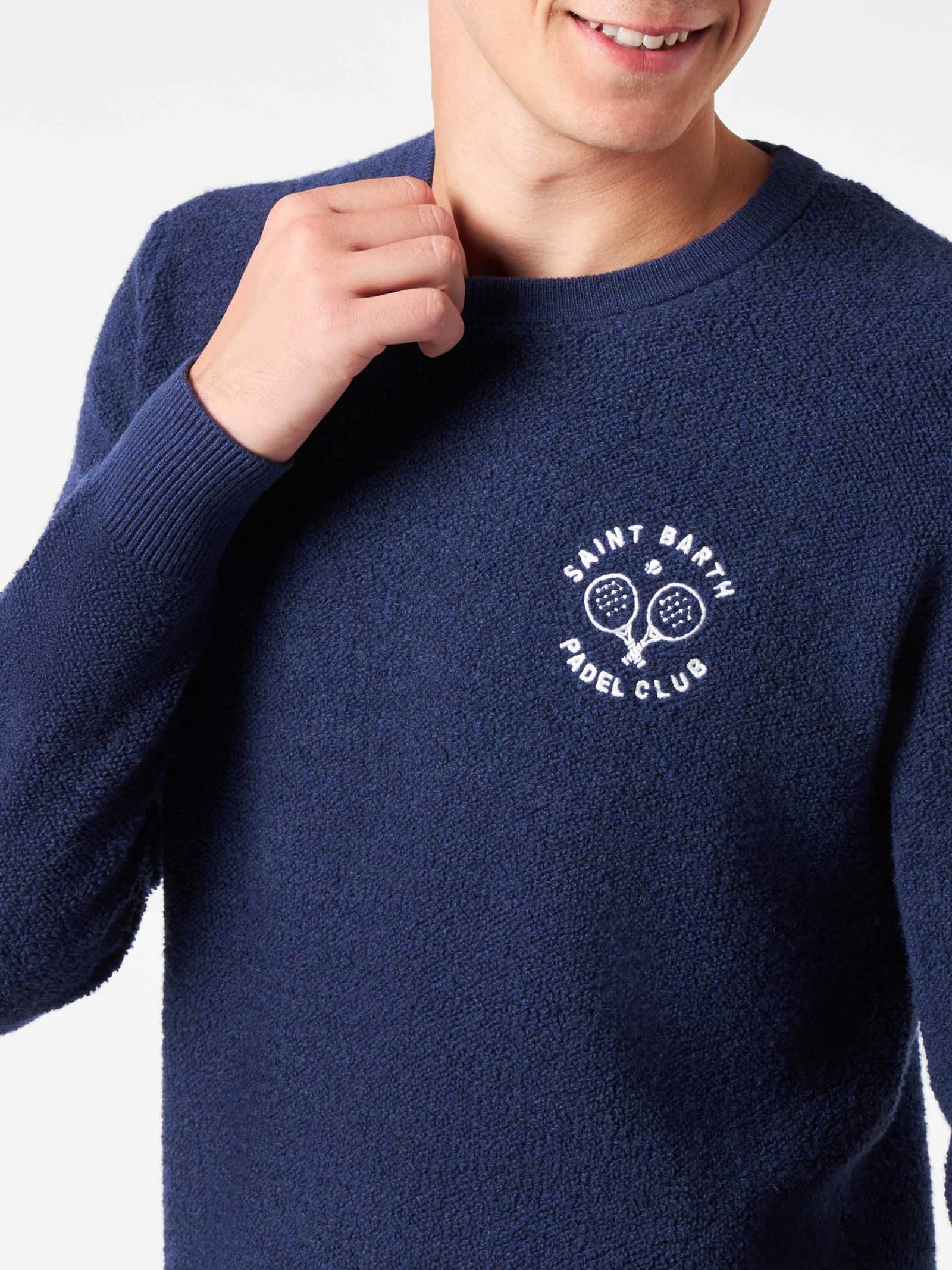 Mc2 Saint Barth Man Crewneck Bluette Bouclé Sweater With Saint Barth Padel Club Embroidery In Blue