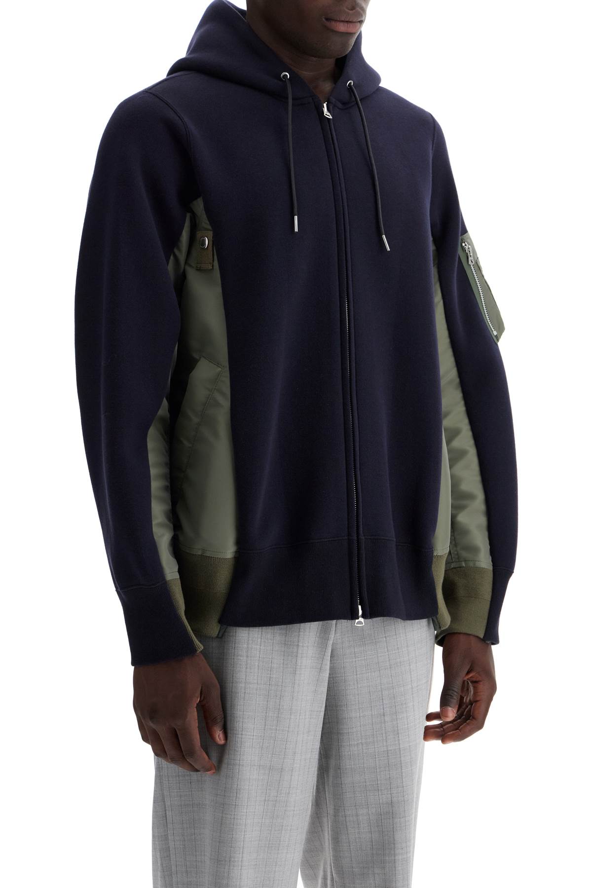 Shop Sacai Layered Effect Sweatshirt Style Bomber In Navy×khaki (blue)