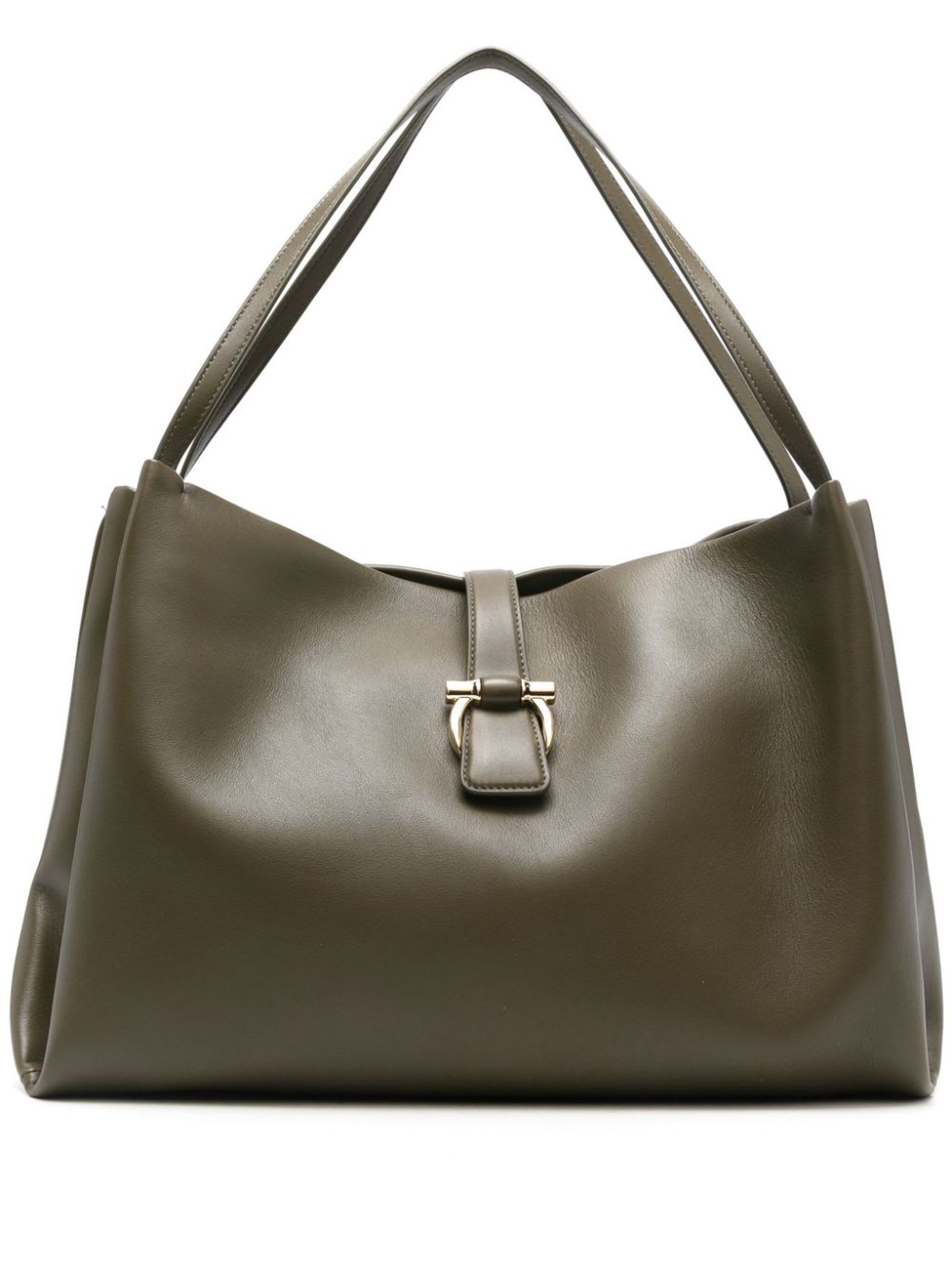 Shop Ferragamo Olive Green Medium Leather Tote Bag