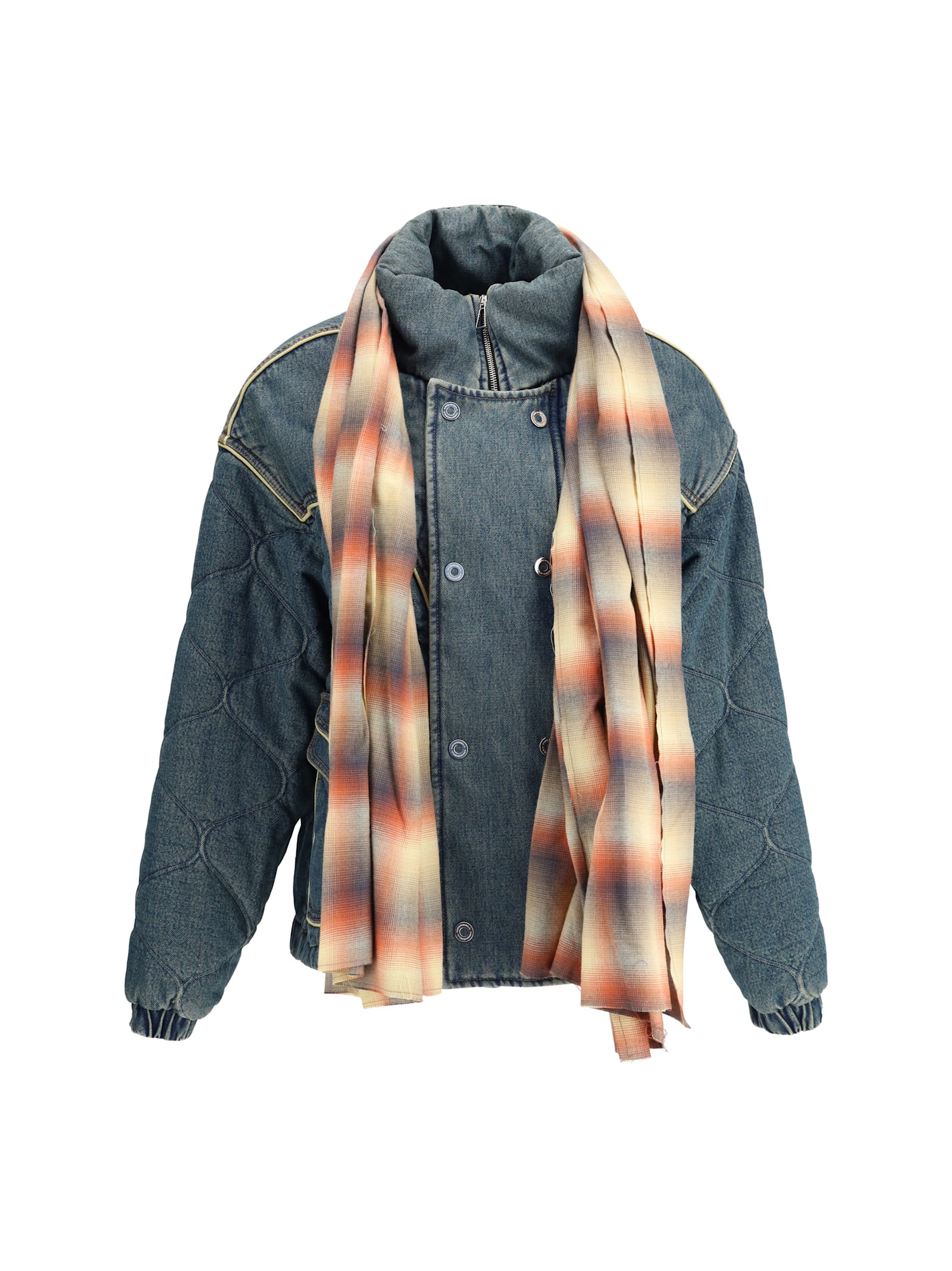 Marbell Denim Down Jacket With Scarf In Blue