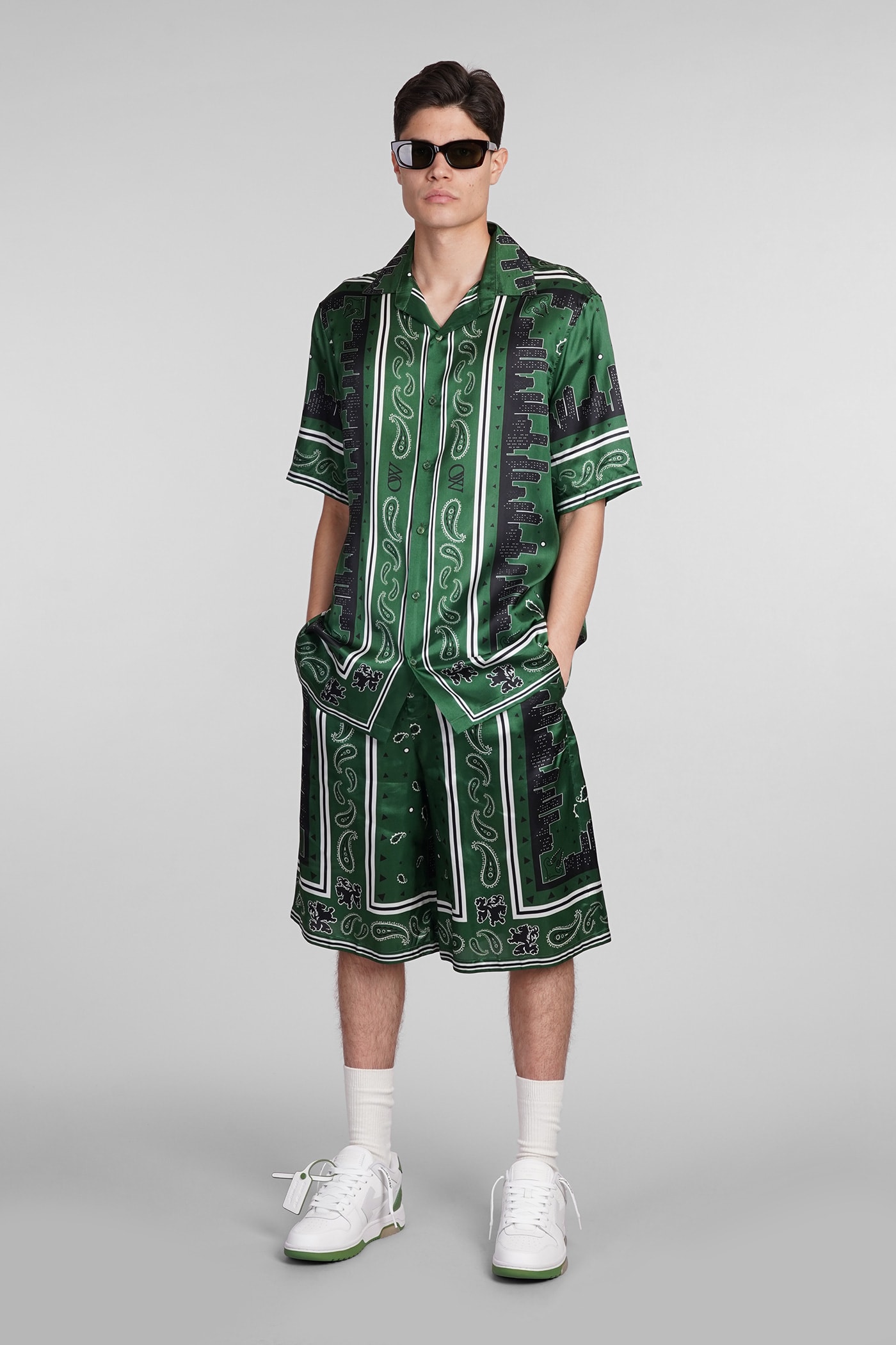 Shop Off-white Shorts In Green Viscose