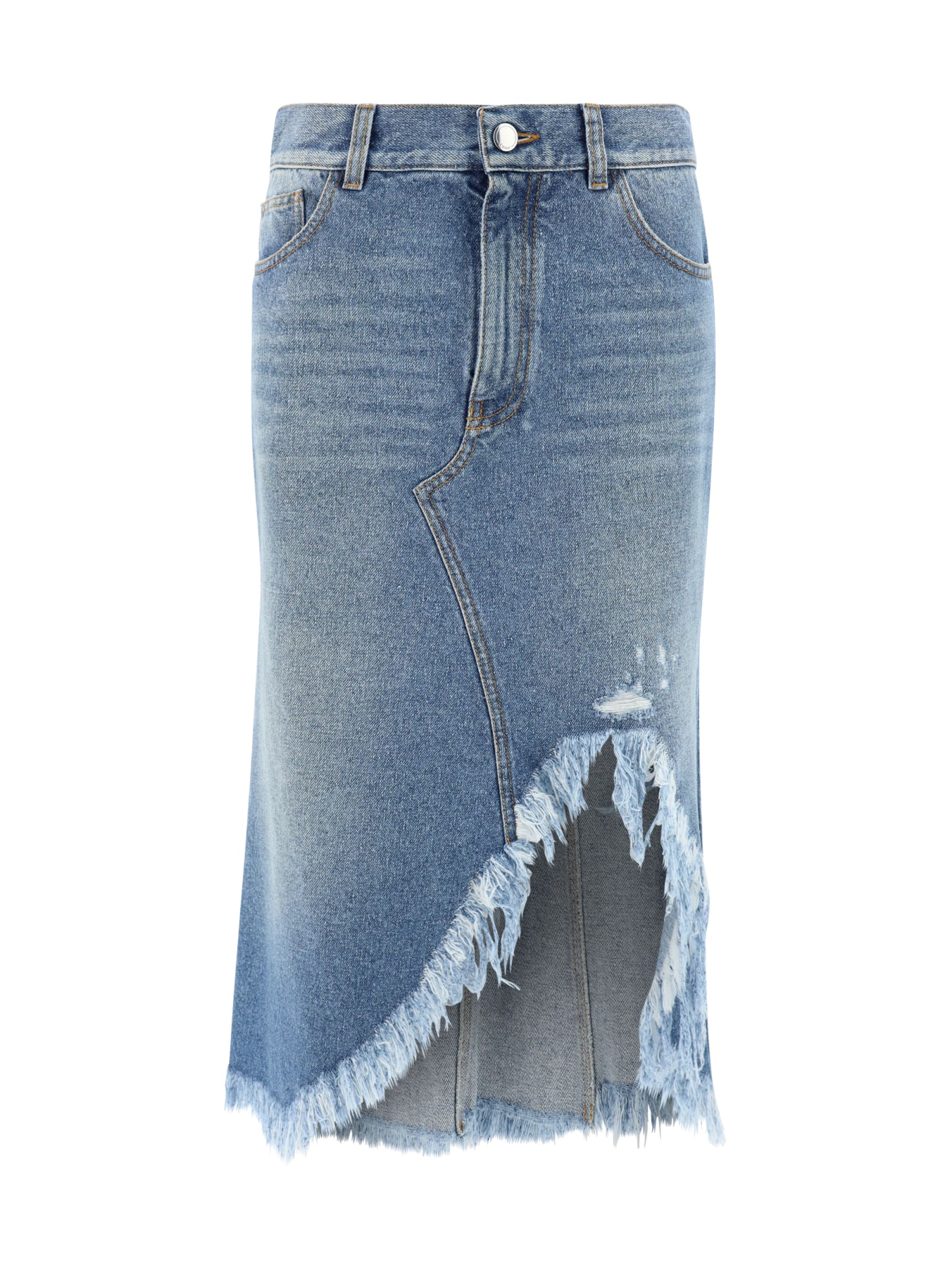 Chloé Distressed Denim Midi Skirt In Foggy Blue