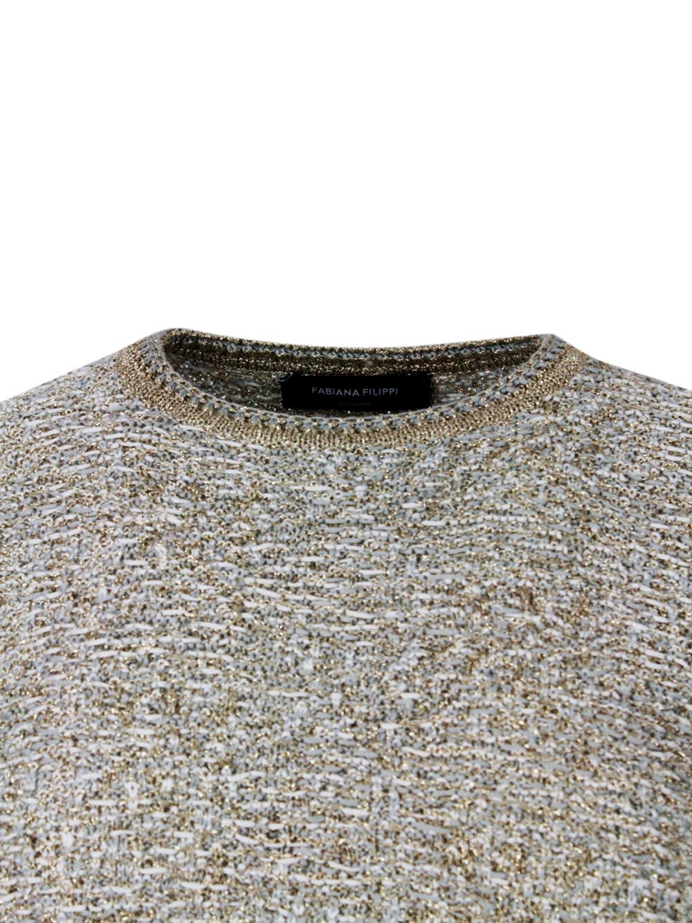 Shop Fabiana Filippi Short-sleeved Crew-neck Sweater In Cotton Ribbon Embellished With Brilliant Golden Lurex Threads