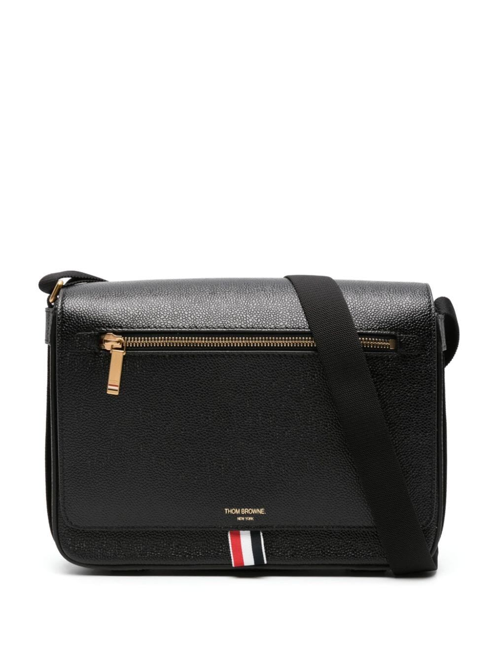 Thom Browne Reporter Bag With Webbing Strap In Pebble Grain Leather In Black