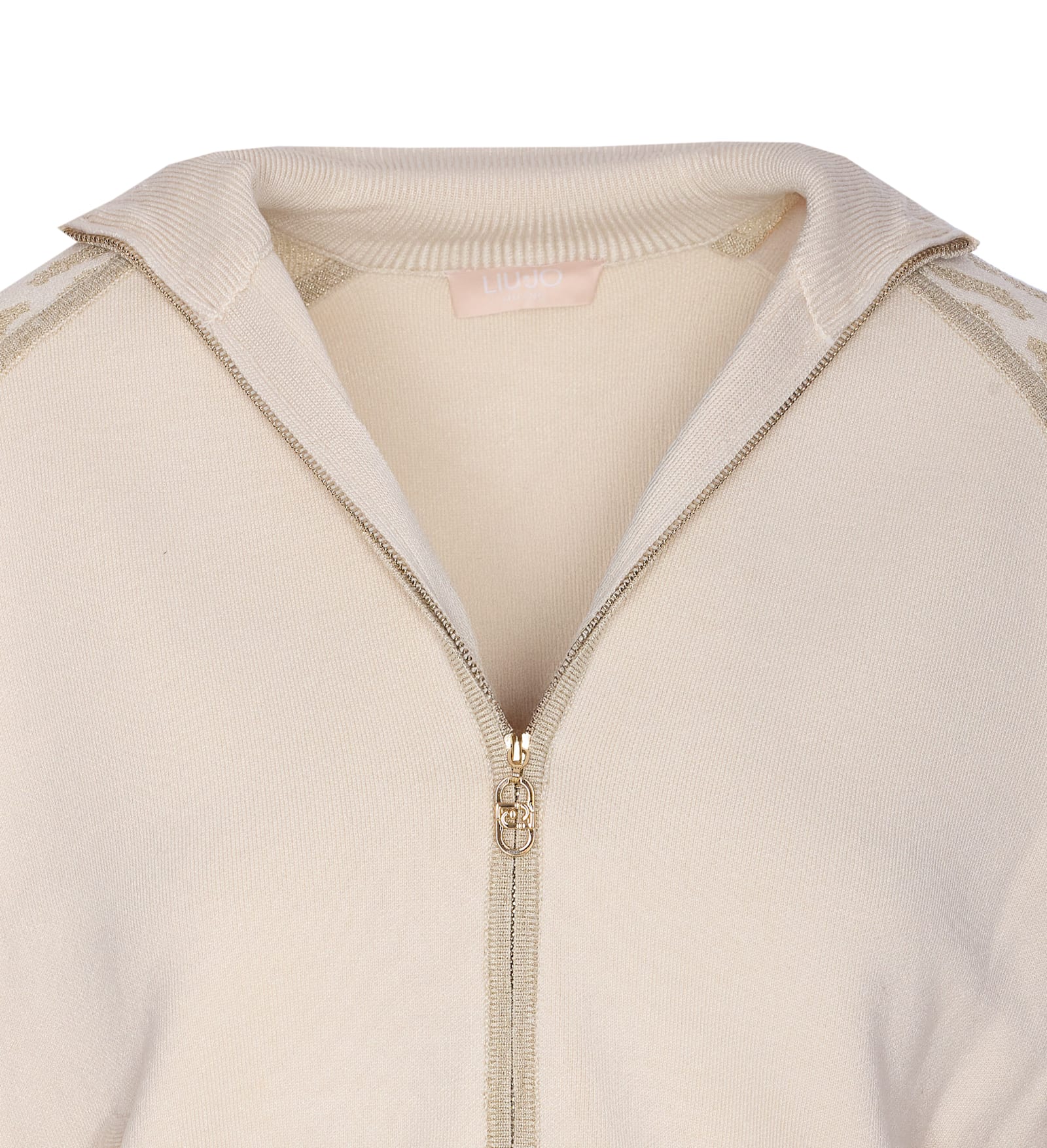 Liu •jo Liu Jo High Collar Zip-up Sweater With Subtle Leopard Print Detail In Neutral