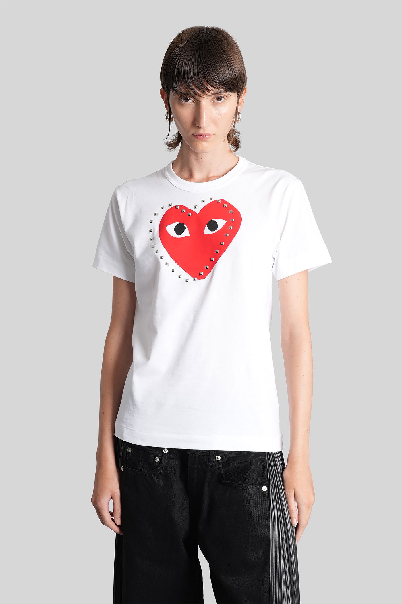 Comme Des Garçons Play Crew Neck Graphic Print Stud Embellishments In White