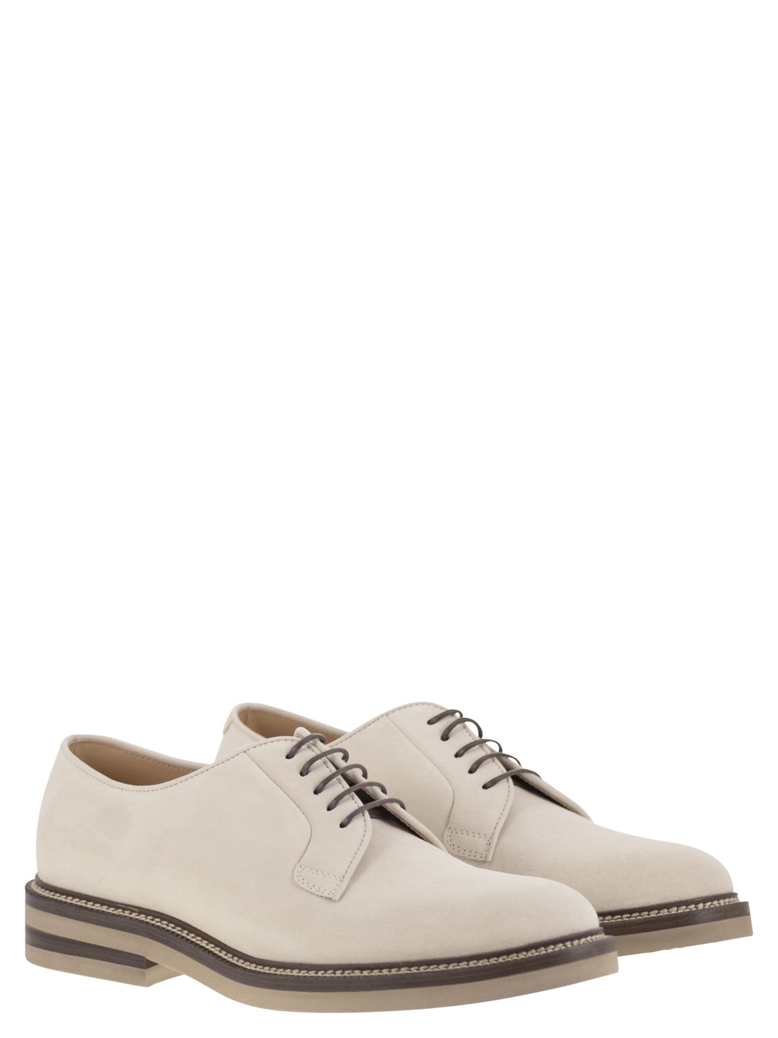 Brunello Cucinelli Suede Lace-up Shoe With Contrasting Midsole In Milk