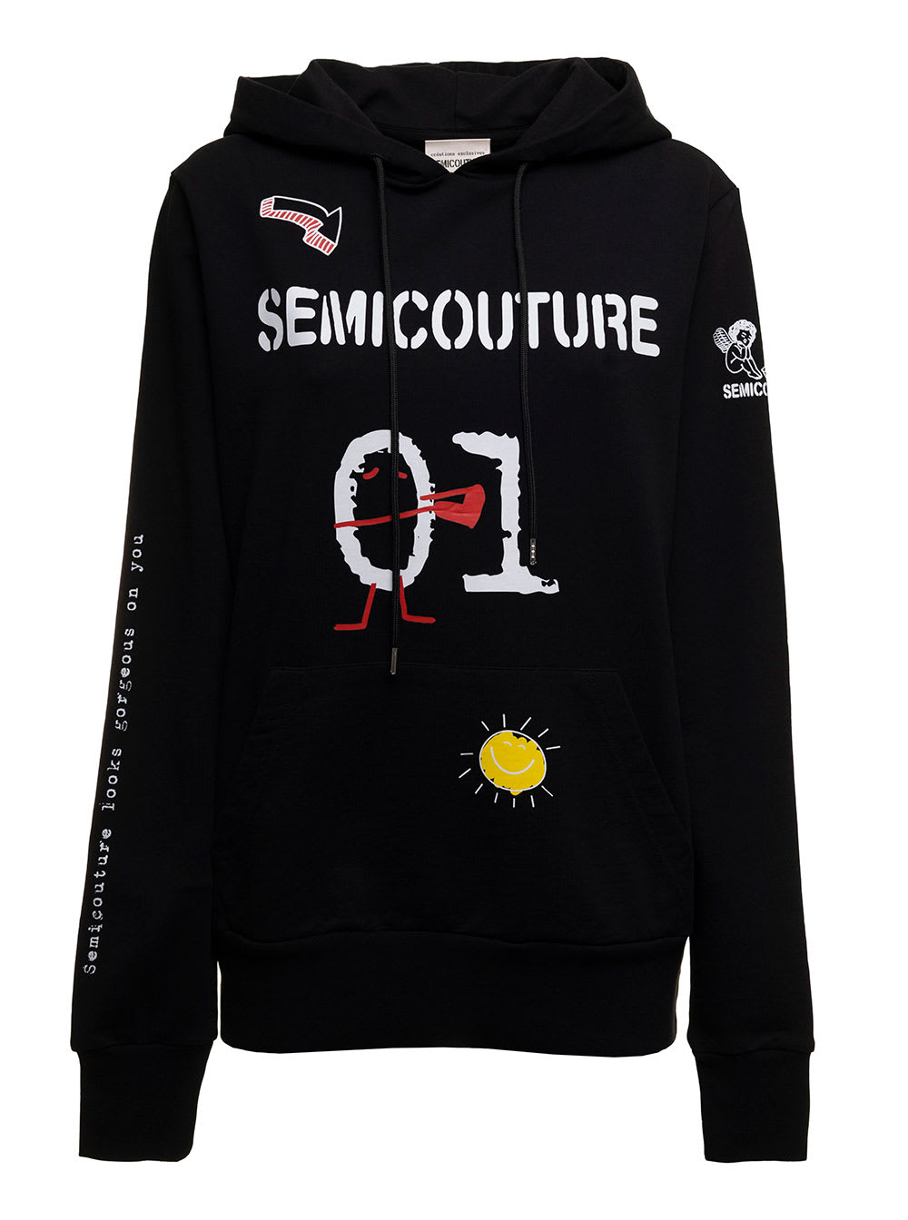 Semicouture Womans Black Cotton Hoodie With Logo Print