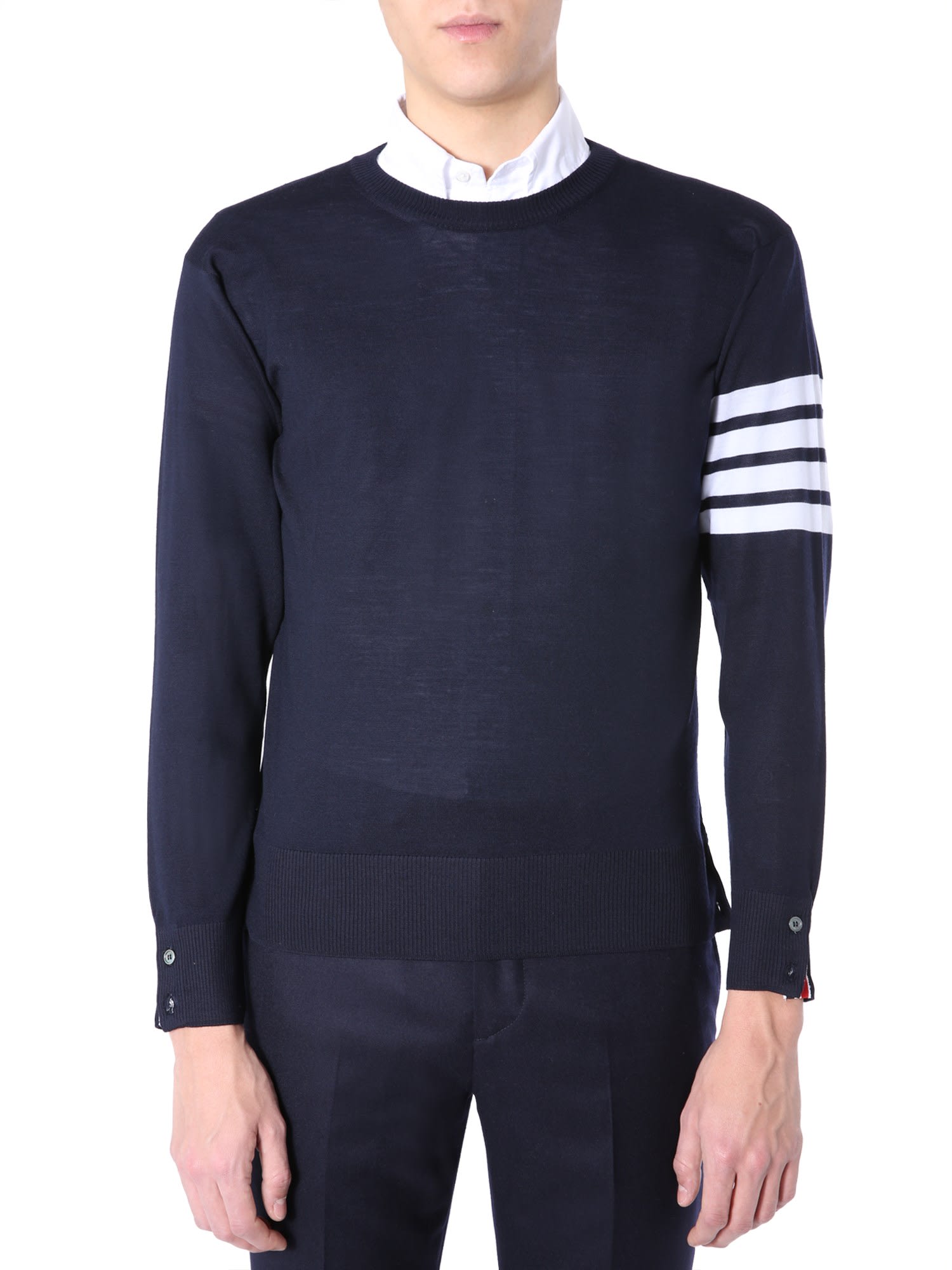 Thom Browne Navy Shetland Jersey Knit 4-bar Sweater In Blu