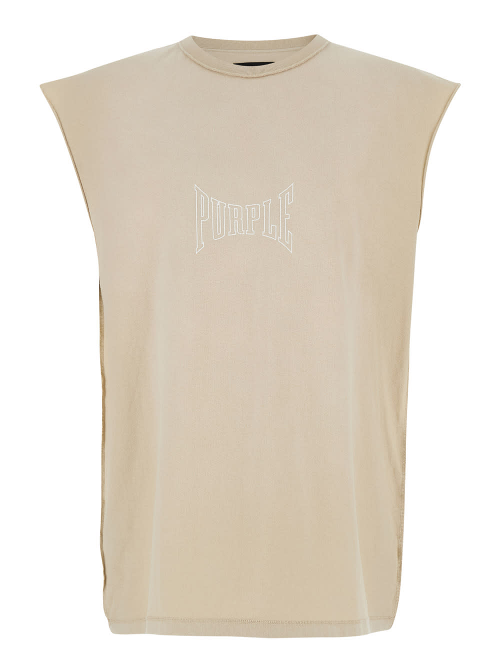 PURPLE BRAND BEIGE SLEEVELESS TOP WITH LOGO LETTERING PRINT IN COTTON MAN